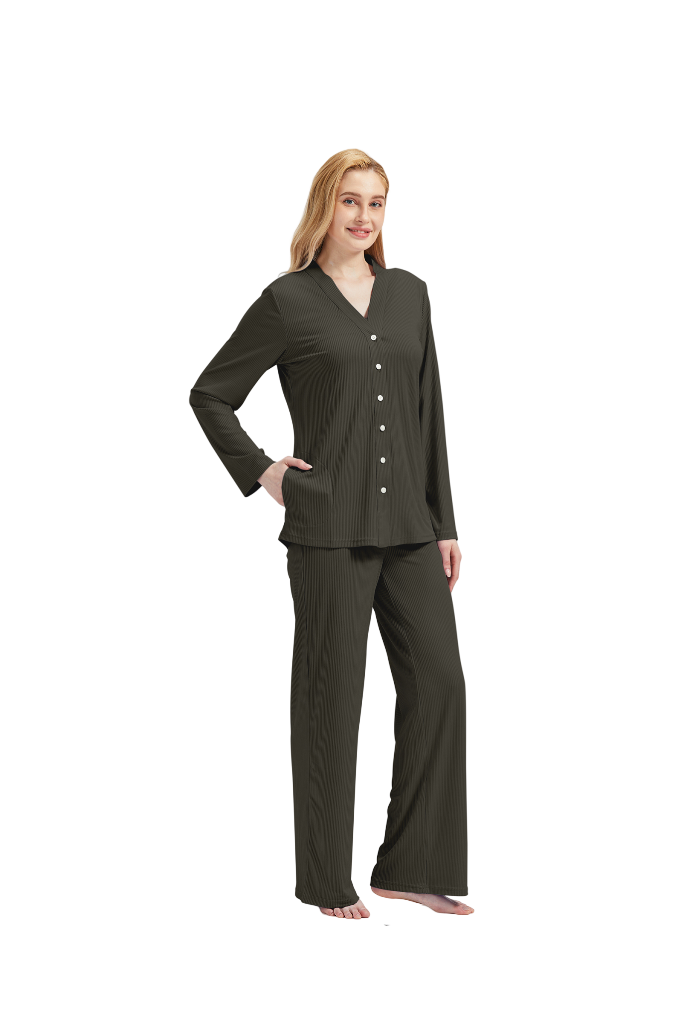 RAIKOU Schlafanzüge Für Damen Lange Schlafanzughose Set Nachtwäsche Hausanzug Freizeitanzug Zweiteiliger V-Ausschnitt Pyjama Set Nachthemd Pyjama Set Nachtwäsche Sleepwear