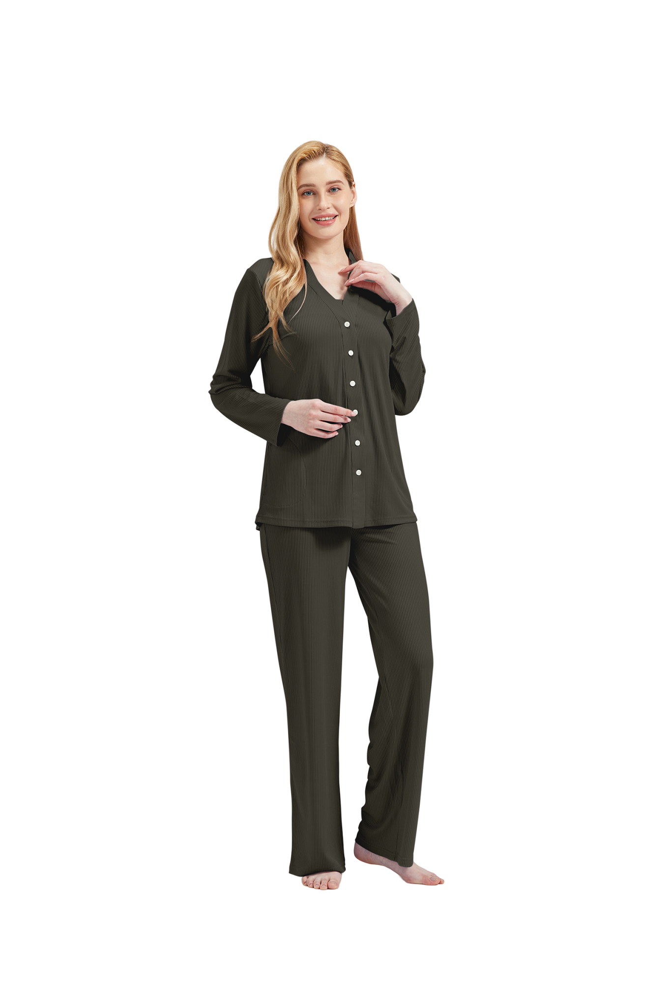 RAIKOU Schlafanzüge Für Damen Lange Schlafanzughose Set Nachtwäsche Hausanzug Freizeitanzug Zweiteiliger V-Ausschnitt Pyjama Set Nachthemd Pyjama Set Nachtwäsche Sleepwear