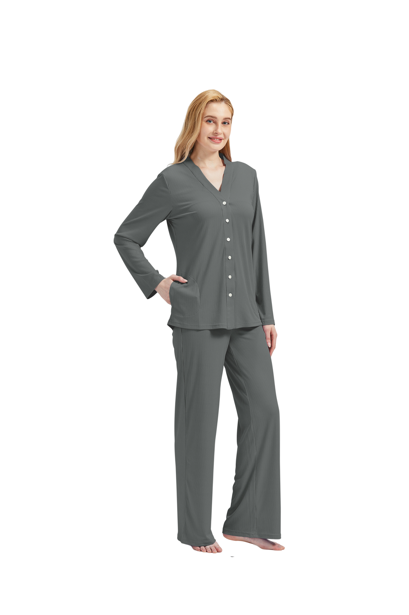 RAIKOU Schlafanzüge Für Damen Lange Schlafanzughose Set Nachtwäsche Hausanzug Freizeitanzug Zweiteiliger V-Ausschnitt Pyjama Set Nachthemd Pyjama Set Nachtwäsche Sleepwear