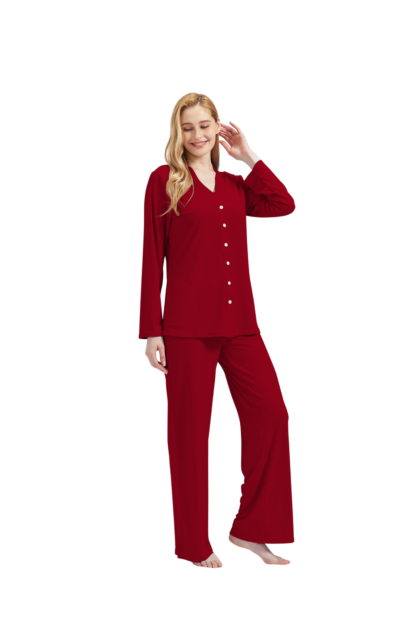 RAIKOU Schlafanzüge Für Damen Lange Schlafanzughose Set Nachtwäsche Hausanzug Freizeitanzug Zweiteiliger V-Ausschnitt Pyjama Set Nachthemd Pyjama Set Nachtwäsche Sleepwear