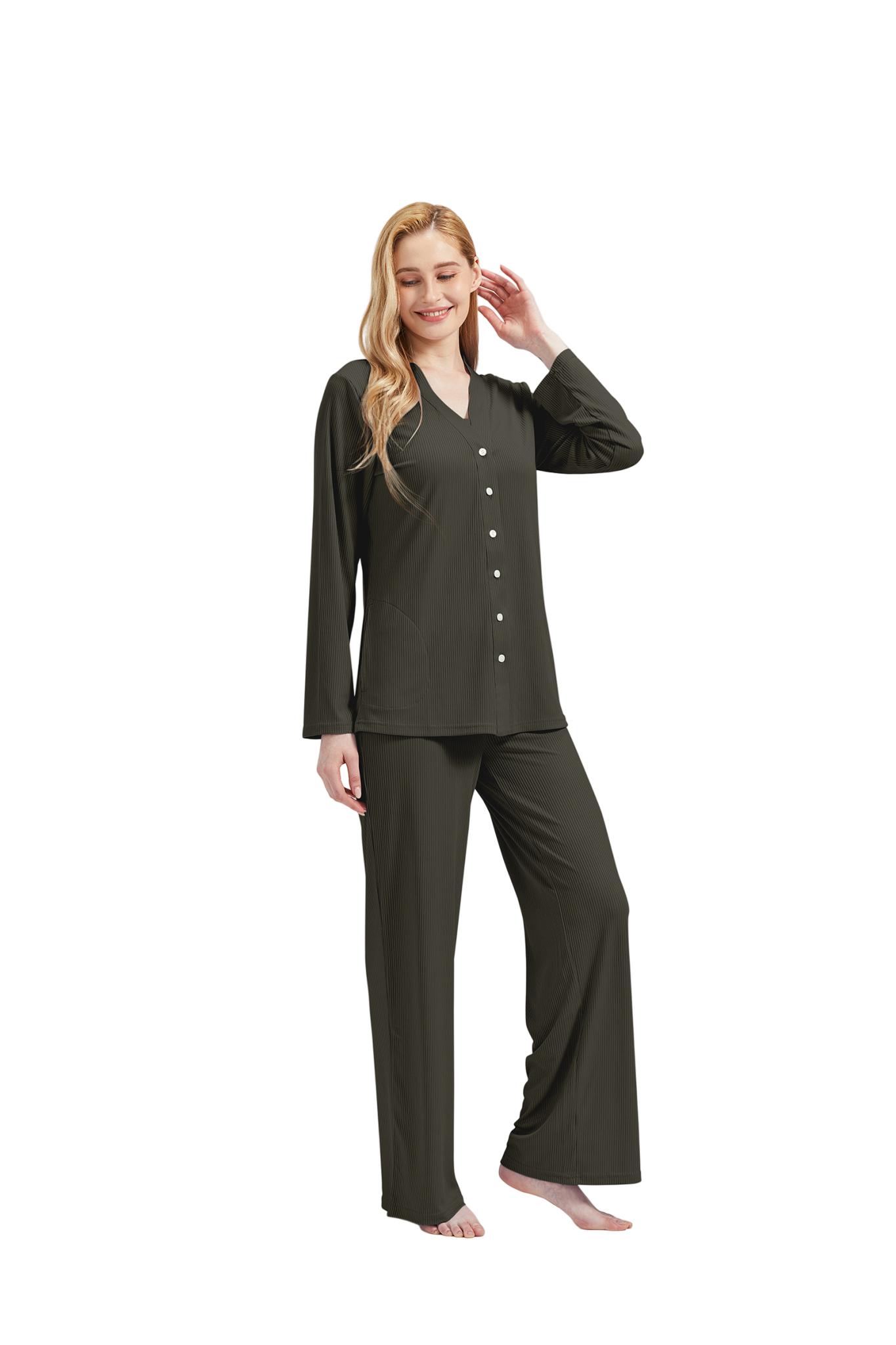 RAIKOU Schlafanzüge Für Damen Lange Schlafanzughose Set Nachtwäsche Hausanzug Freizeitanzug Zweiteiliger V-Ausschnitt Pyjama Set Nachthemd Pyjama Set Nachtwäsche Sleepwear