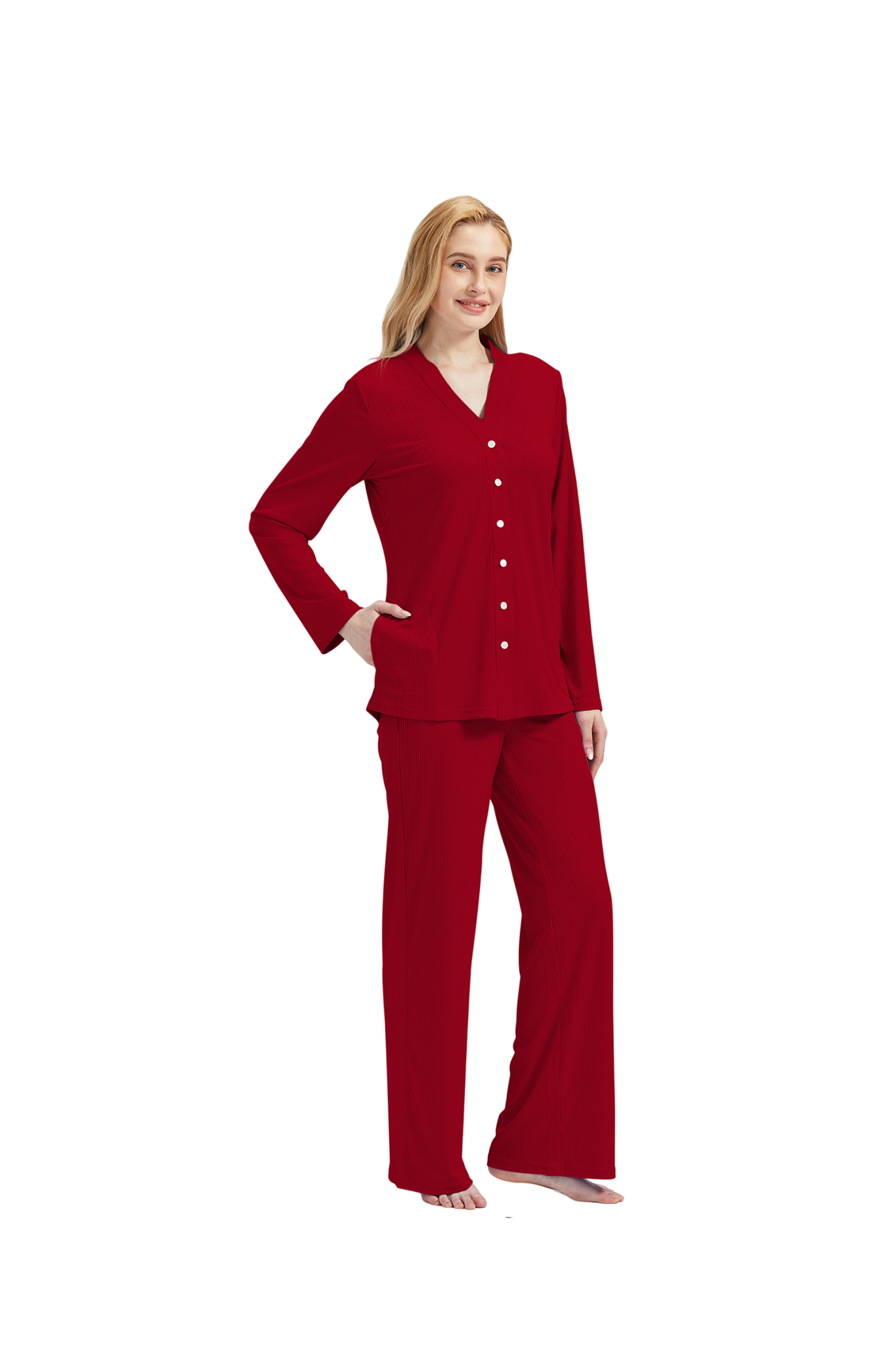 RAIKOU Schlafanzüge Für Damen Lange Schlafanzughose Set Nachtwäsche Hausanzug Freizeitanzug Zweiteiliger V-Ausschnitt Pyjama Set Nachthemd Pyjama Set Nachtwäsche Sleepwear
