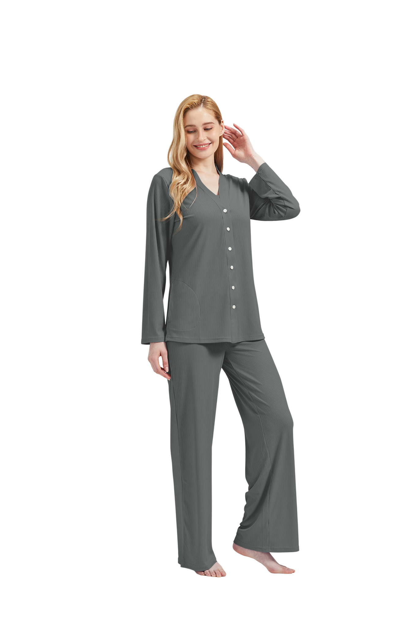 RAIKOU Schlafanzüge Für Damen Lange Schlafanzughose Set Nachtwäsche Hausanzug Freizeitanzug Zweiteiliger V-Ausschnitt Pyjama Set Nachthemd Pyjama Set Nachtwäsche Sleepwear