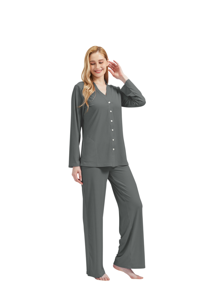 RAIKOU Schlafanzüge Für Damen Lange Schlafanzughose Set Nachtwäsche Hausanzug Freizeitanzug Zweiteiliger V-Ausschnitt Pyjama Set Nachthemd Pyjama Set Nachtwäsche Sleepwear