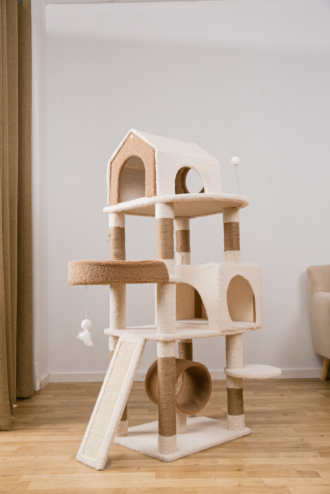 Kratzbaum Katzenhöhle 130cm mit 1 Spielrolle 2 Schlafhöhle 1luxuriösen Sofas  aus extra starkem Natursisal und Plüsch