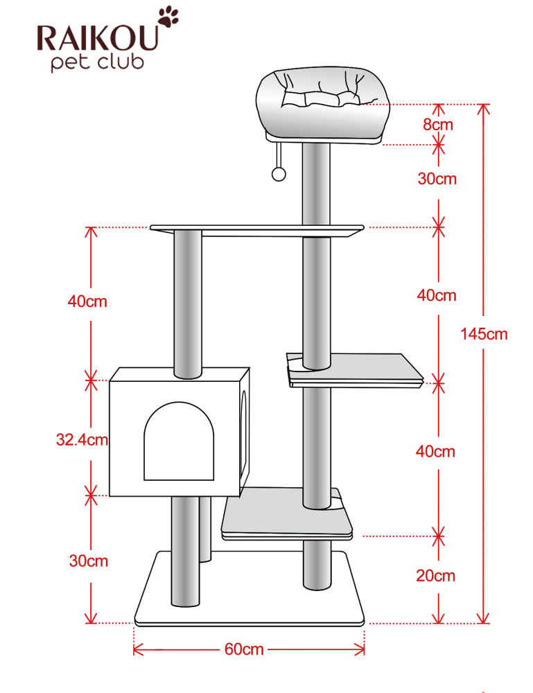 RAIKOU Pet Club Kratzbaum, Katzenkratzbaum, Kratzmöbel, Katzenspielzeug, Mehrere Ebenen, Kratzsäulen, Höhlen, Verstecke, Kratzfläche, Robust, Hochsitz für Katzen, Sisalseil, Römische Säule