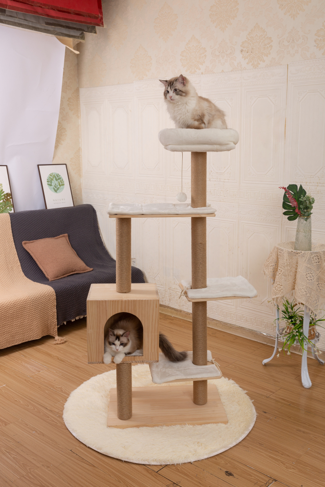 RAIKOU Pet Club Kratzbaum, Katzenkratzbaum, Kratzmöbel, Katzenspielzeug, Mehrere Ebenen, Kratzsäulen, Höhlen, Verstecke, Kratzfläche, Robust, Hochsitz für Katzen, Sisalseil, Römische Säule