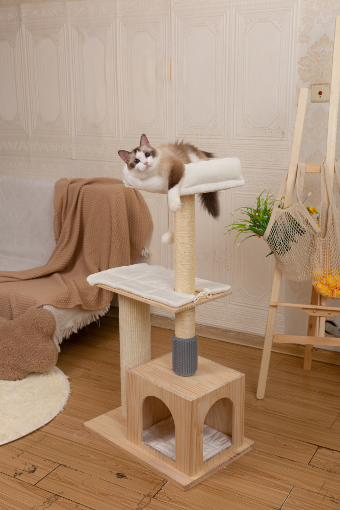 RAIKOU Pet Club Kratzbaum, Katzenkratzbaum, Kratzmöbel, Katzenspielzeug, Mehrere Ebenen, Kratzsäulen, Höhlen, Verstecke, Kratzfläche, Robust, Hochsitz für Katzen, Schrubber, Sisalseil, Römische Säule, Fellpflege mit verlängerten Kammzähnen