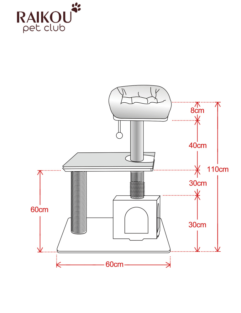 RAIKOU Pet Club Kratzbaum, Katzenkratzbaum, Kratzmöbel, Katzenspielzeug, Mehrere Ebenen, Kratzsäulen, Höhlen, Verstecke, Kratzfläche, Robust, Hochsitz für Katzen, Schrubber, Sisalseil, Römische Säule, Fellpflege mit verlängerten Kammzähnen