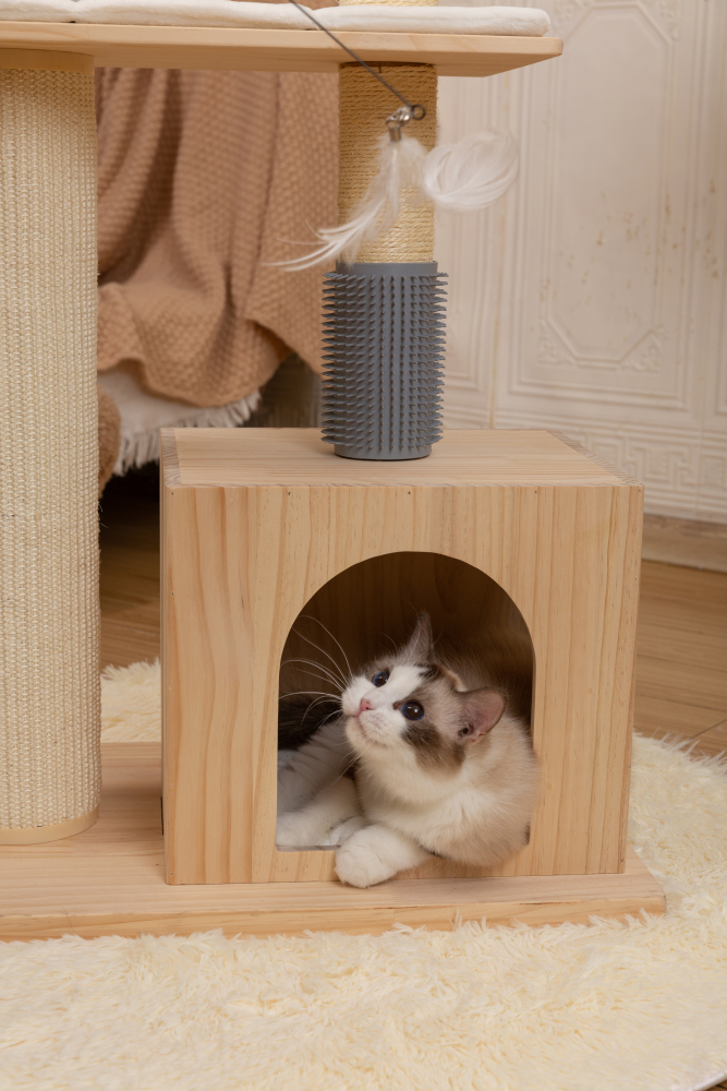 RAIKOU Pet Club Kratzbaum, Katzenkratzbaum, Kratzmöbel, Katzenspielzeug, Mehrere Ebenen, Kratzsäulen, Höhlen, Verstecke, Kratzfläche, Robust, Hochsitz für Katzen, Schrubber, Sisalseil, Römische Säule, Fellpflege mit verlängerten Kammzähnen