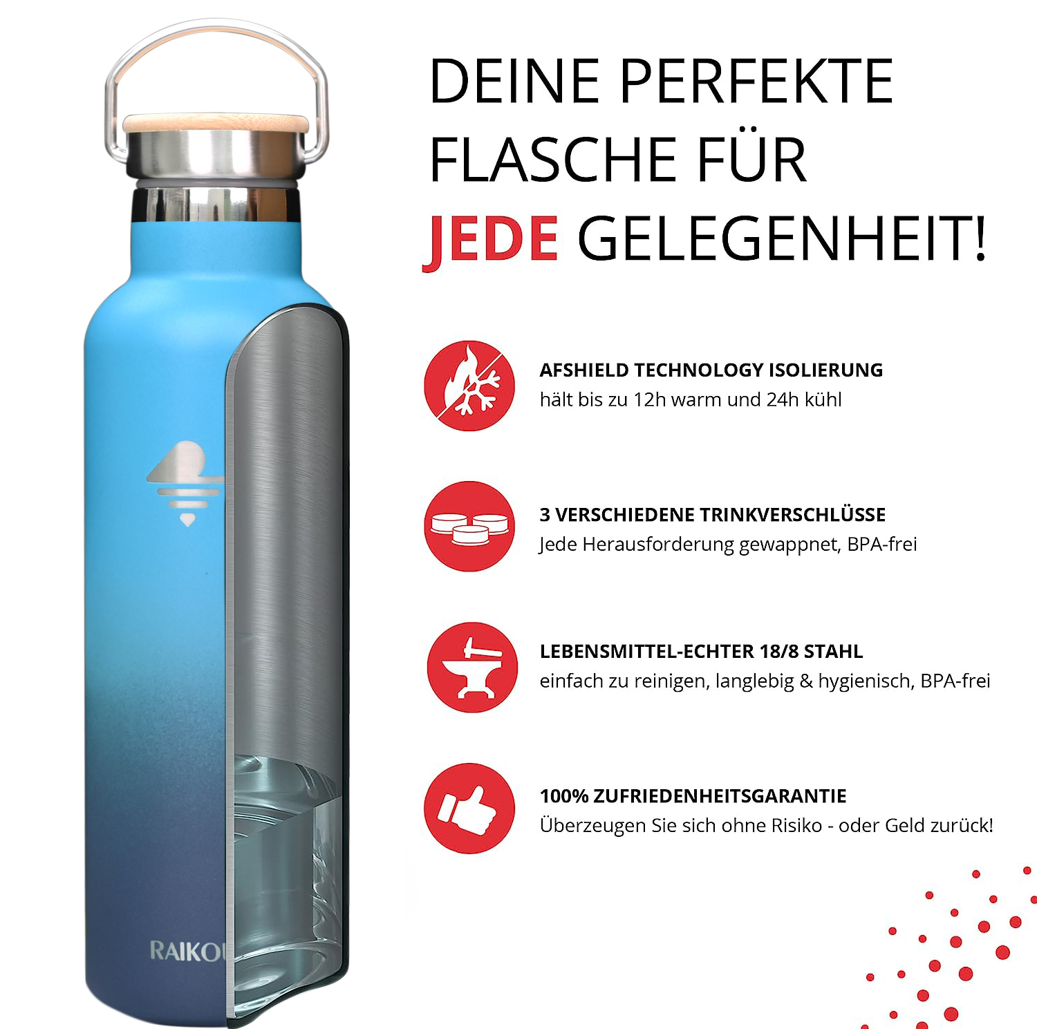 Raikou Thermoflasche Edelstahl Trinkflasche |350-500-750-1000ml (21oz)Vakuumisolierte Wasserflasche|Auslaufsichere Sportflasche mit 2Deckel|Heiß & Kalt | Standard Öffnung