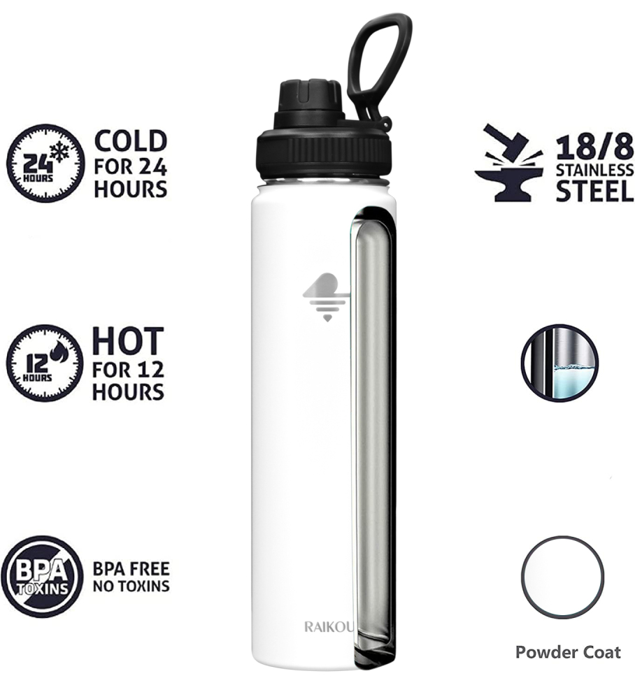 RAIKOU Thermoflasche Edelstahl Trinkflasche |350-532-739-946-1180ml Vakuumisolierte Wasserflasche|Auslaufsichere  Deckel|Sportflasche|0.5L |Heiß & Kalt|Standard Öffnung