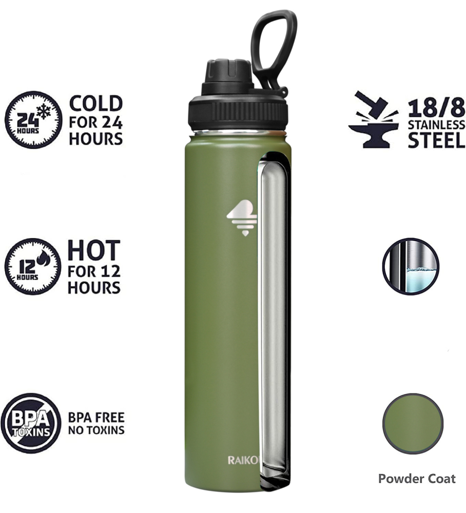 RAIKOU Thermoflasche Edelstahl Trinkflasche |350-532-739-946-1180ml Vakuumisolierte Wasserflasche|Auslaufsichere  Deckel|Sportflasche|0.5L |Heiß & Kalt|Standard Öffnung