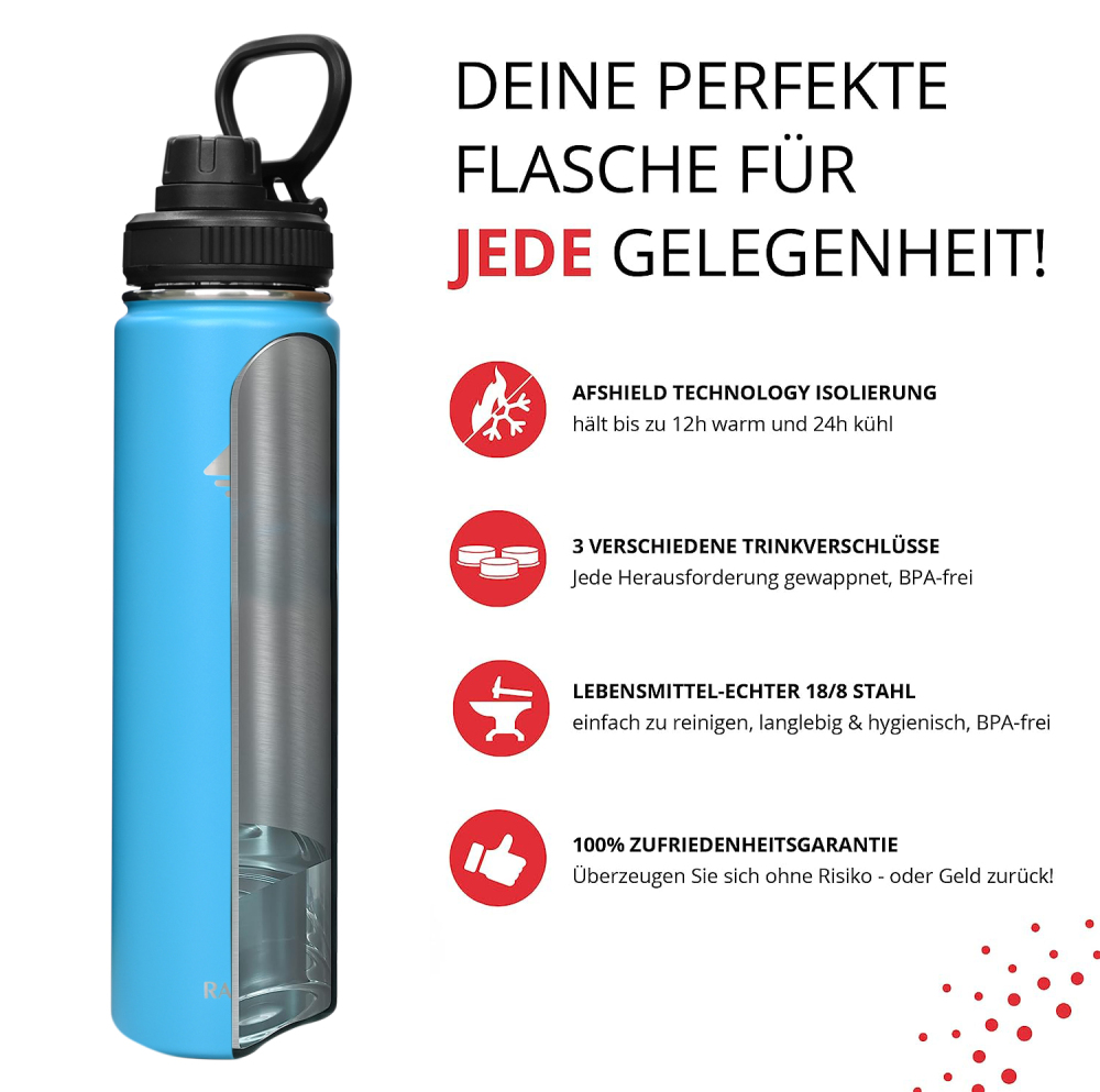 RAIKOU Thermoflasche Edelstahl Trinkflasche |350-532-739-946-1180ml Vakuumisolierte Wasserflasche|Auslaufsichere  Deckel|Sportflasche|0.5L |Heiß & Kalt|Standard Öffnung