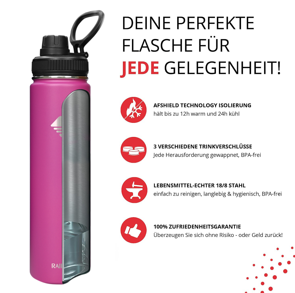 RAIKOU Thermoflasche Edelstahl Trinkflasche |350-532-739-946-1180ml Vakuumisolierte Wasserflasche|Auslaufsichere  Deckel|Sportflasche|0.5L |Heiß & Kalt|Standard Öffnung