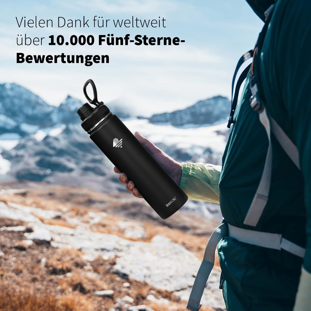 RAIKOU Thermoflasche Edelstahl Trinkflasche |350-532-739-946-1180ml Vakuumisolierte Wasserflasche|Auslaufsichere  Deckel|Sportflasche|0.5L |Heiß & Kalt|Standard Öffnung