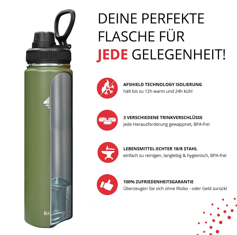 RAIKOU Thermoflasche Edelstahl Trinkflasche |350-532-739-946-1180ml Vakuumisolierte Wasserflasche|Auslaufsichere  Deckel|Sportflasche|0.5L |Heiß & Kalt|Standard Öffnung
