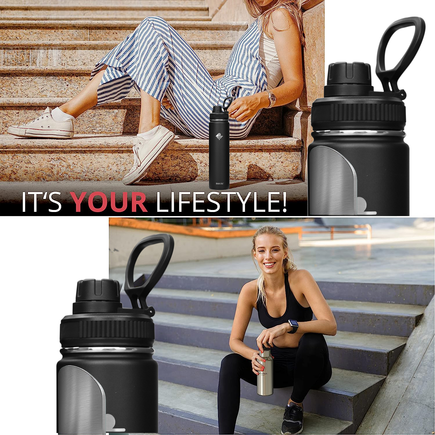 RAIKOU Thermoflasche Edelstahl Trinkflasche |350-532-739-946-1180ml Vakuumisolierte Wasserflasche|Auslaufsichere  Deckel|Sportflasche|0.5L |Heiß & Kalt|Standard Öffnung