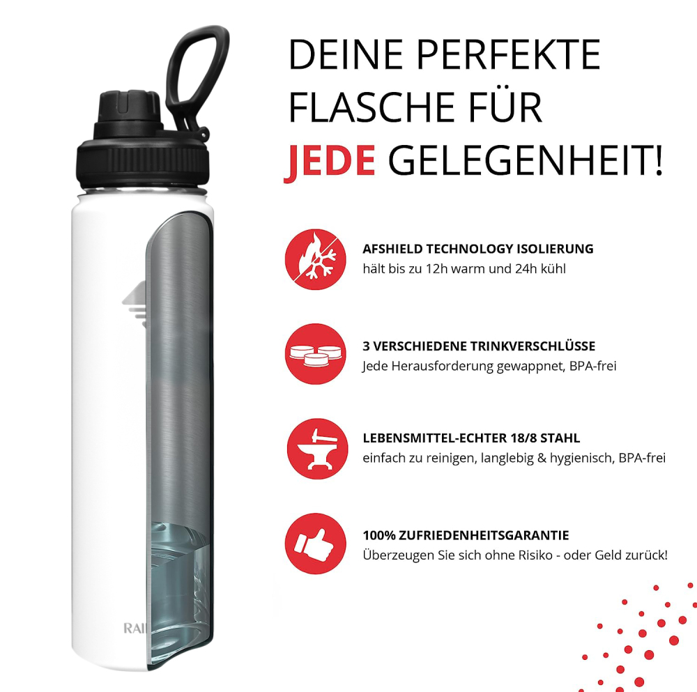 RAIKOU Thermoflasche Edelstahl Trinkflasche |350-532-739-946-1180ml Vakuumisolierte Wasserflasche|Auslaufsichere  Deckel|Sportflasche|0.5L |Heiß & Kalt|Standard Öffnung