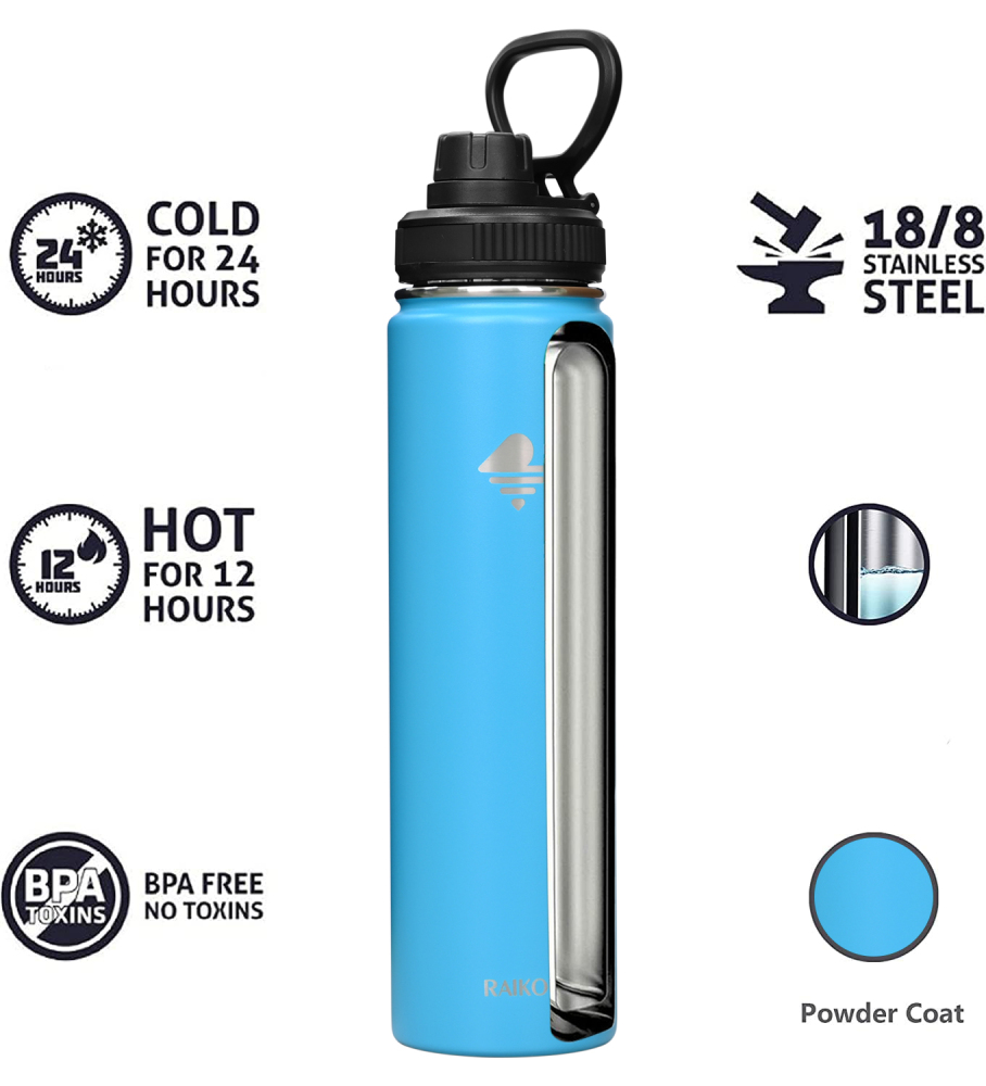 RAIKOU Thermoflasche Edelstahl Trinkflasche |350-532-739-946-1180ml Vakuumisolierte Wasserflasche|Auslaufsichere  Deckel|Sportflasche|0.5L |Heiß & Kalt|Standard Öffnung