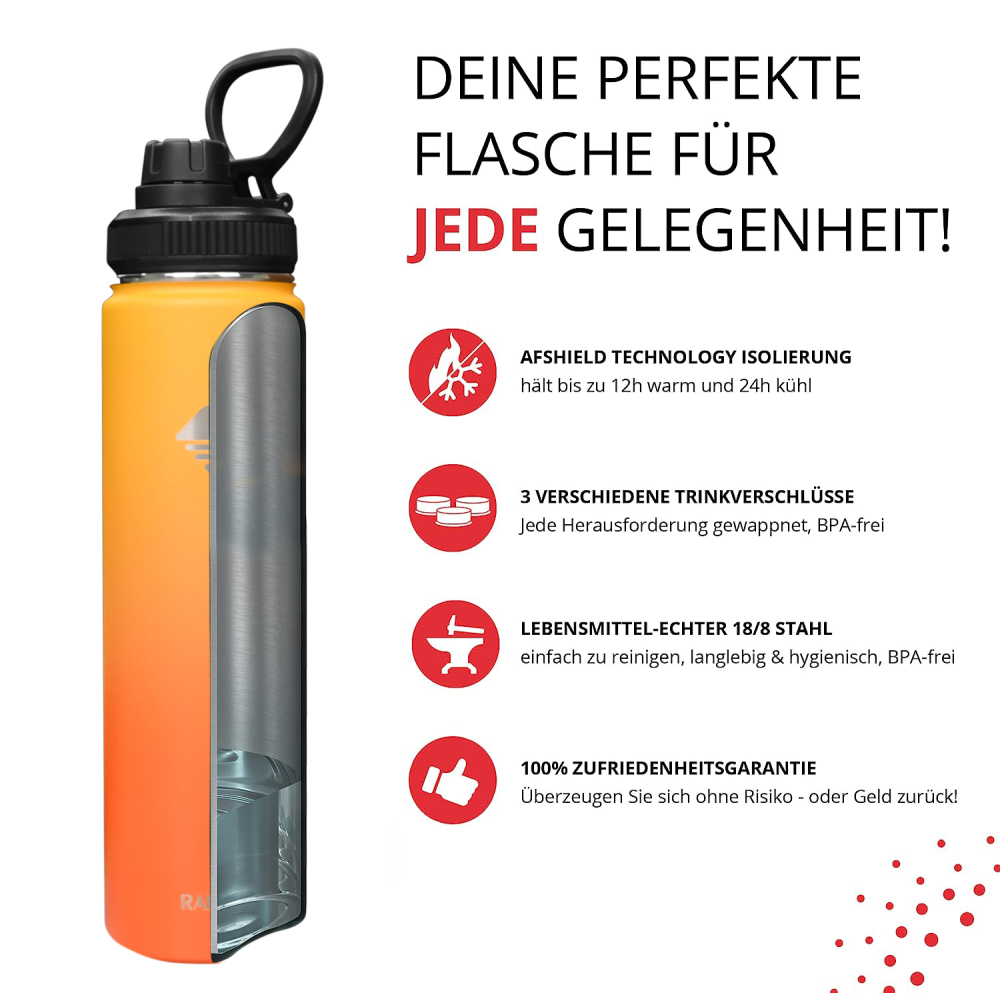 RAIKOU Thermoflasche Edelstahl Trinkflasche |350-532-739-946-1180ml Vakuumisolierte Wasserflasche|Auslaufsichere  Deckel|Sportflasche|0.5L |Heiß & Kalt|Standard Öffnung