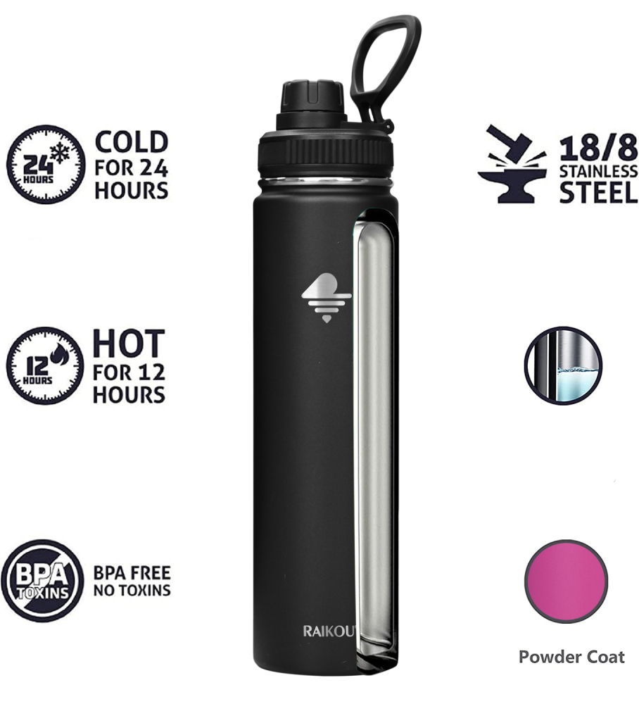 RAIKOU Thermoflasche Edelstahl Trinkflasche |350-532-739-946-1180ml Vakuumisolierte Wasserflasche|Auslaufsichere  Deckel|Sportflasche|0.5L |Heiß & Kalt|Standard Öffnung