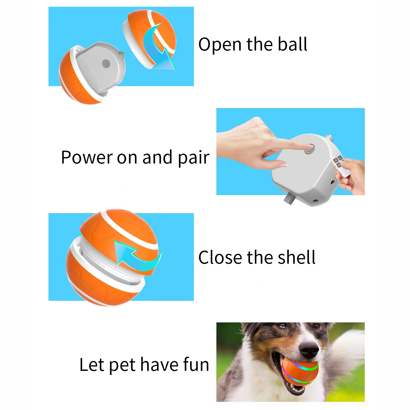 RAIKOU Power Smart Ball für Hunde, Interaktives Hundespielzeug, Elektrischer Selbstrollender Hundeball mit LED-Licht, wiederaufladbar über USB-C, Hüpfball Orange