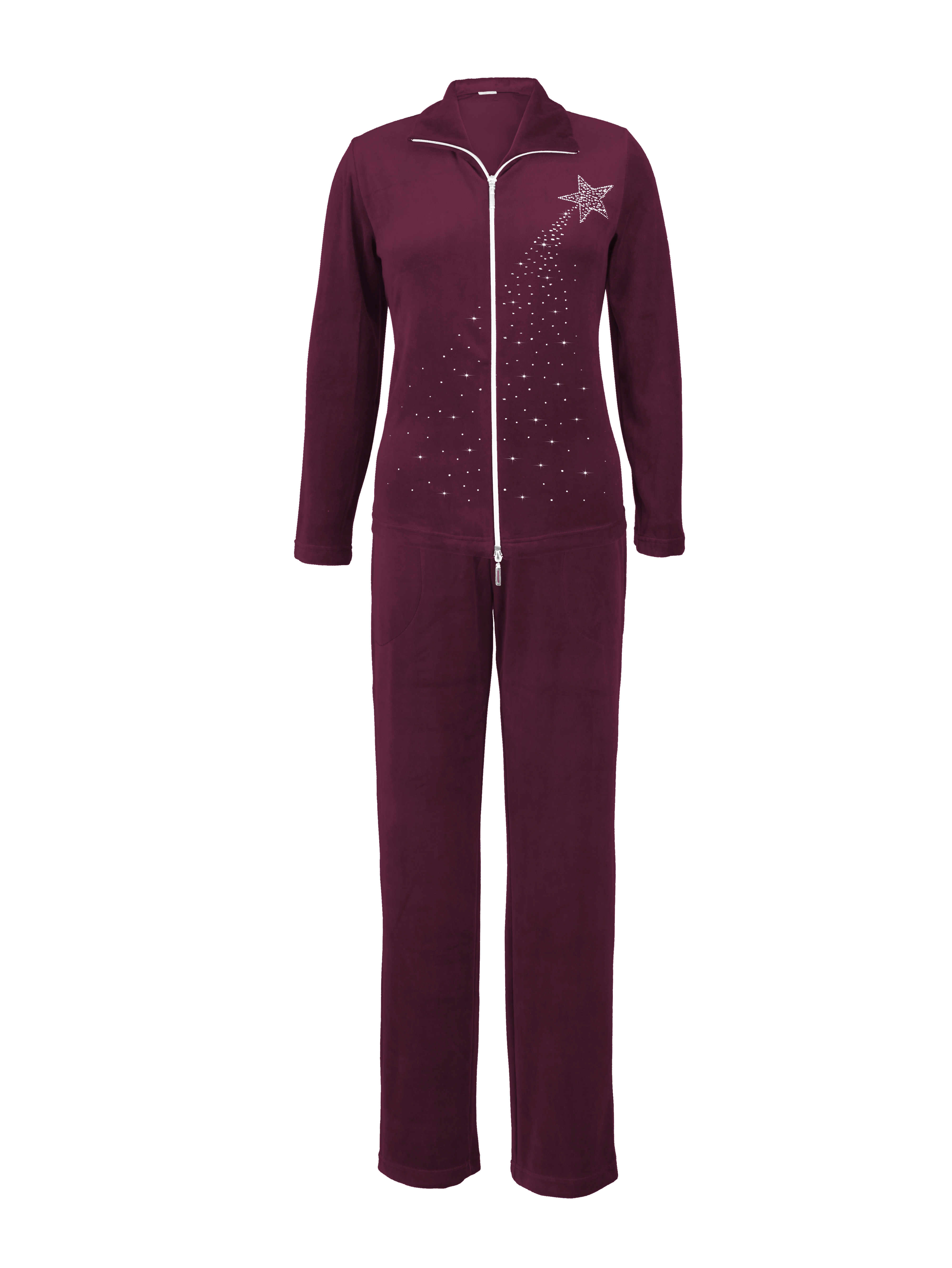 DESEN Damen Velours Nicki Freizeitanzug Fitnessanzug Hausanzug Jogginganzug Nicki-Anzug mit Reißverschluss und Glitzersteinen