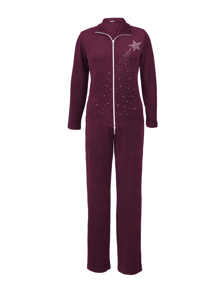 DESEN Damen Velours Nicki Freizeitanzug Fitnessanzug Hausanzug Jogginganzug Nicki-Anzug mit Reißverschluss und Glitzersteinen