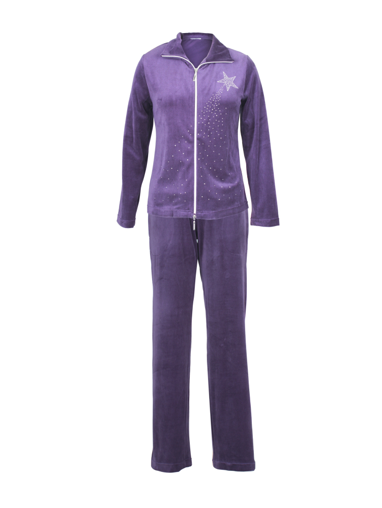 DESEN Damen Velours Nicki Freizeitanzug Fitnessanzug Hausanzug Jogginganzug Nicki-Anzug mit Reißverschluss und Glitzersteinen