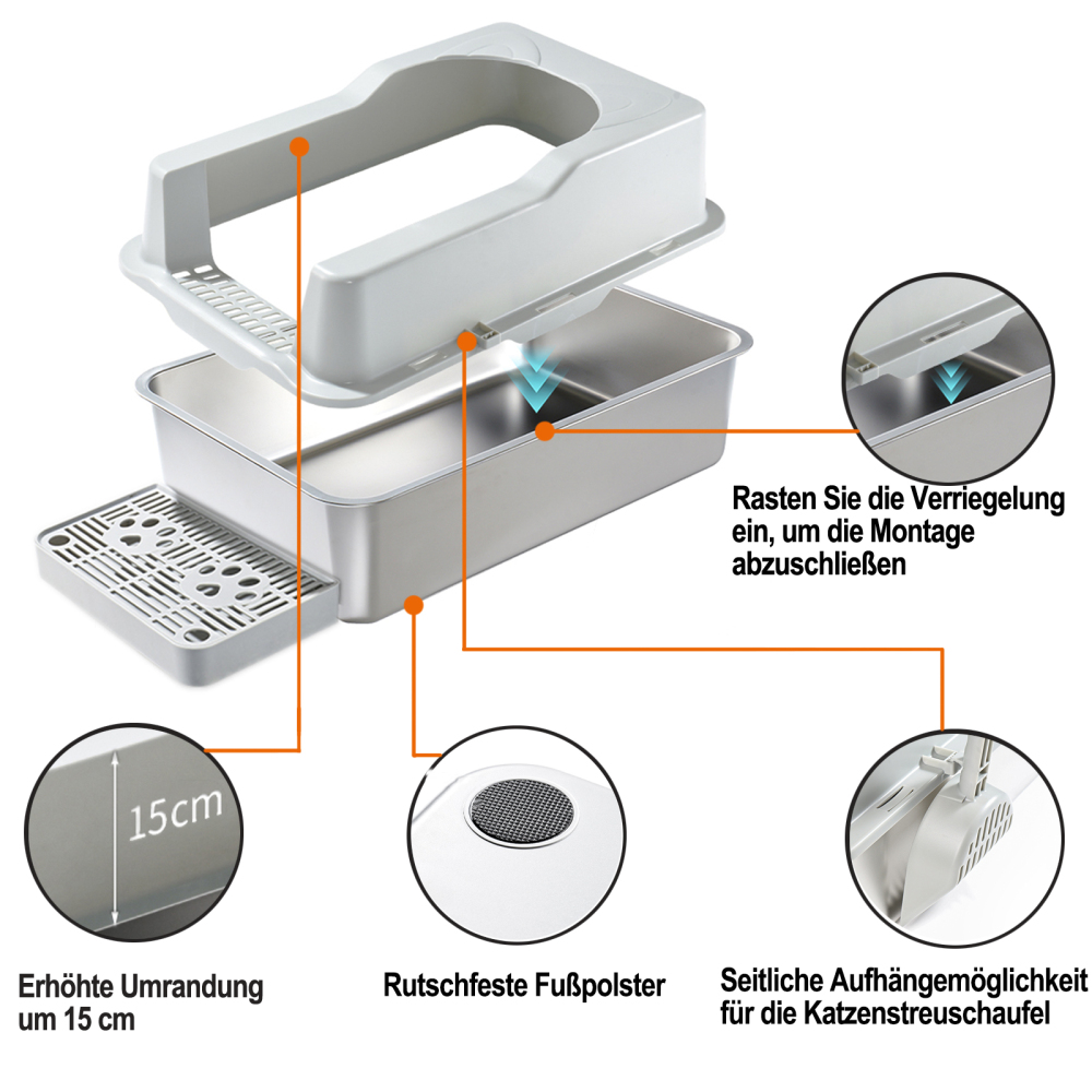 RAIKOU Halbgeschlossenes Edelstahl Kaninchen Katzenklo Groß, Hygienisch Auslaufsicher 60 × 40 × 30 cm Haustier mit Kunststoffschaufel