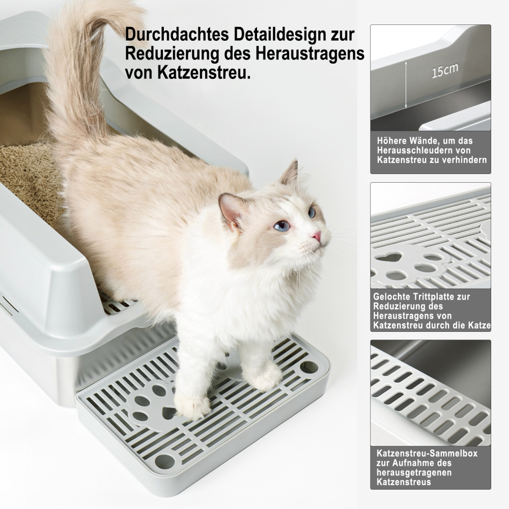 RAIKOU Halbgeschlossenes Edelstahl Kaninchen Katzenklo Groß, Hygienisch Auslaufsicher 60 × 40 × 30 cm Haustier mit Kunststoffschaufel