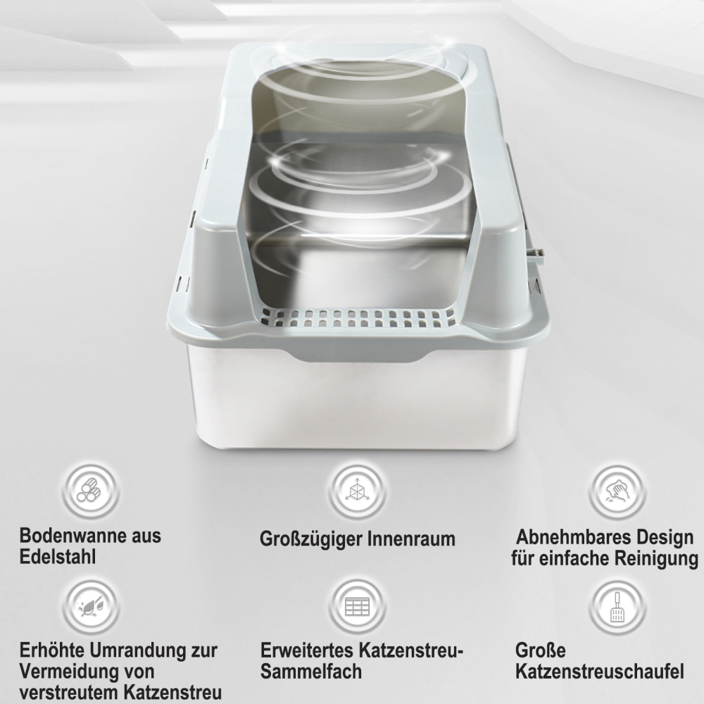 RAIKOU Halbgeschlossenes Edelstahl Kaninchen Katzenklo Groß, Hygienisch Auslaufsicher 60 × 40 × 30 cm Haustier mit Kunststoffschaufel
