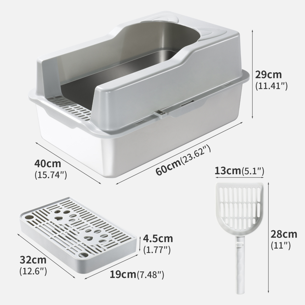 RAIKOU Halbgeschlossenes Edelstahl Kaninchen Katzenklo Groß, Hygienisch Auslaufsicher 60 × 40 × 30 cm Haustier mit Kunststoffschaufel