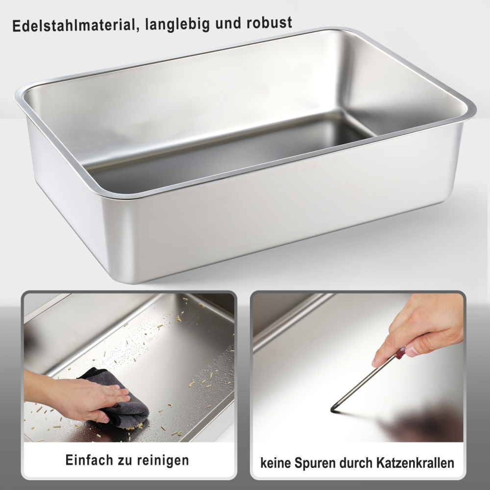RAIKOU Halbgeschlossenes Edelstahl Kaninchen Katzenklo Groß, Hygienisch Auslaufsicher 60 × 40 × 30 cm Haustier mit Kunststoffschaufel