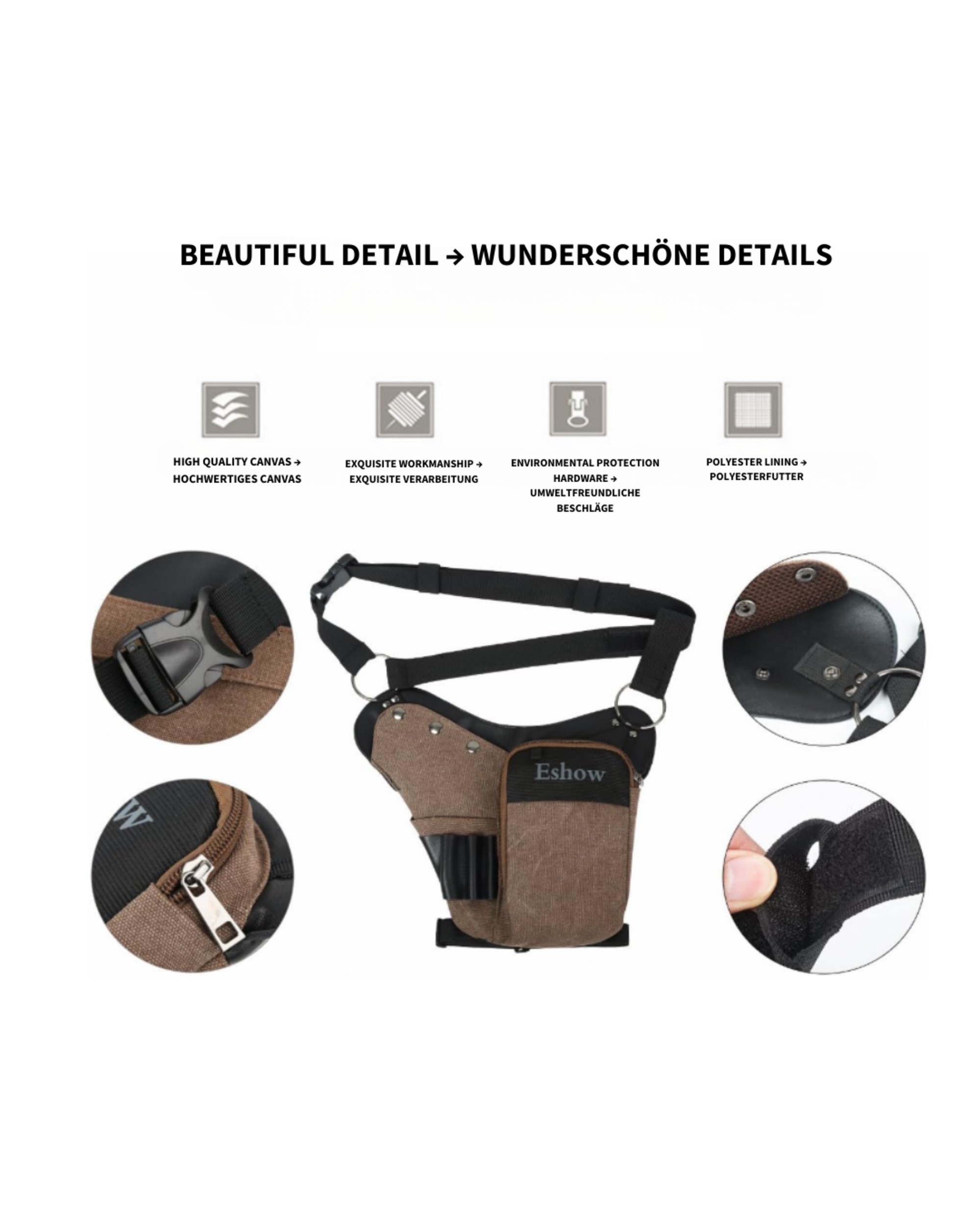 Beintasche für Herren – Hüfttasche, Werkzeugtasche für Motorrad, Reisen, Arbeit und Sport (Braun)