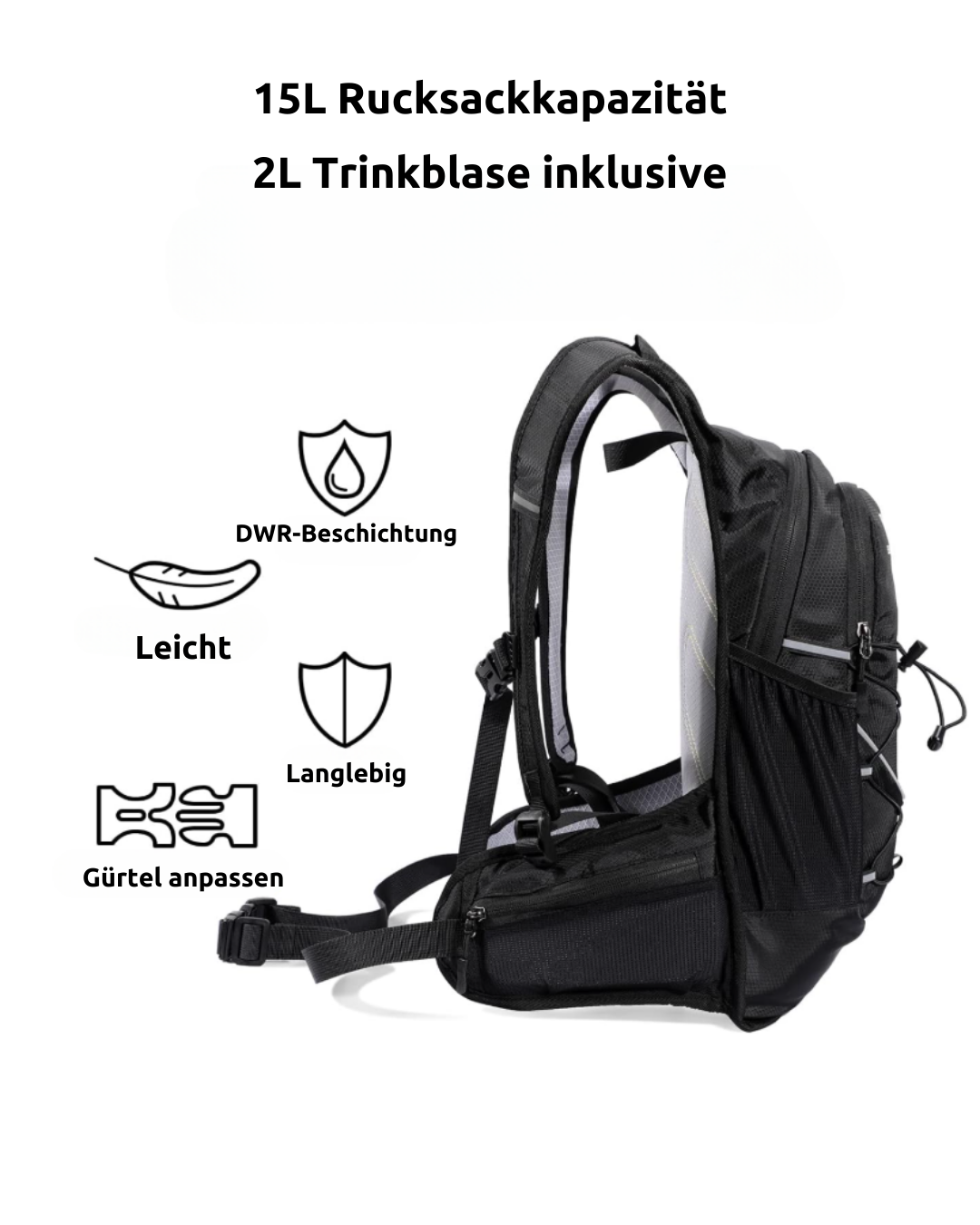15L Trinkrucksack – Isolierter Trinkrucksack mit 2L Wasserblase für Laufen, Wandern, Radfahren & mehr