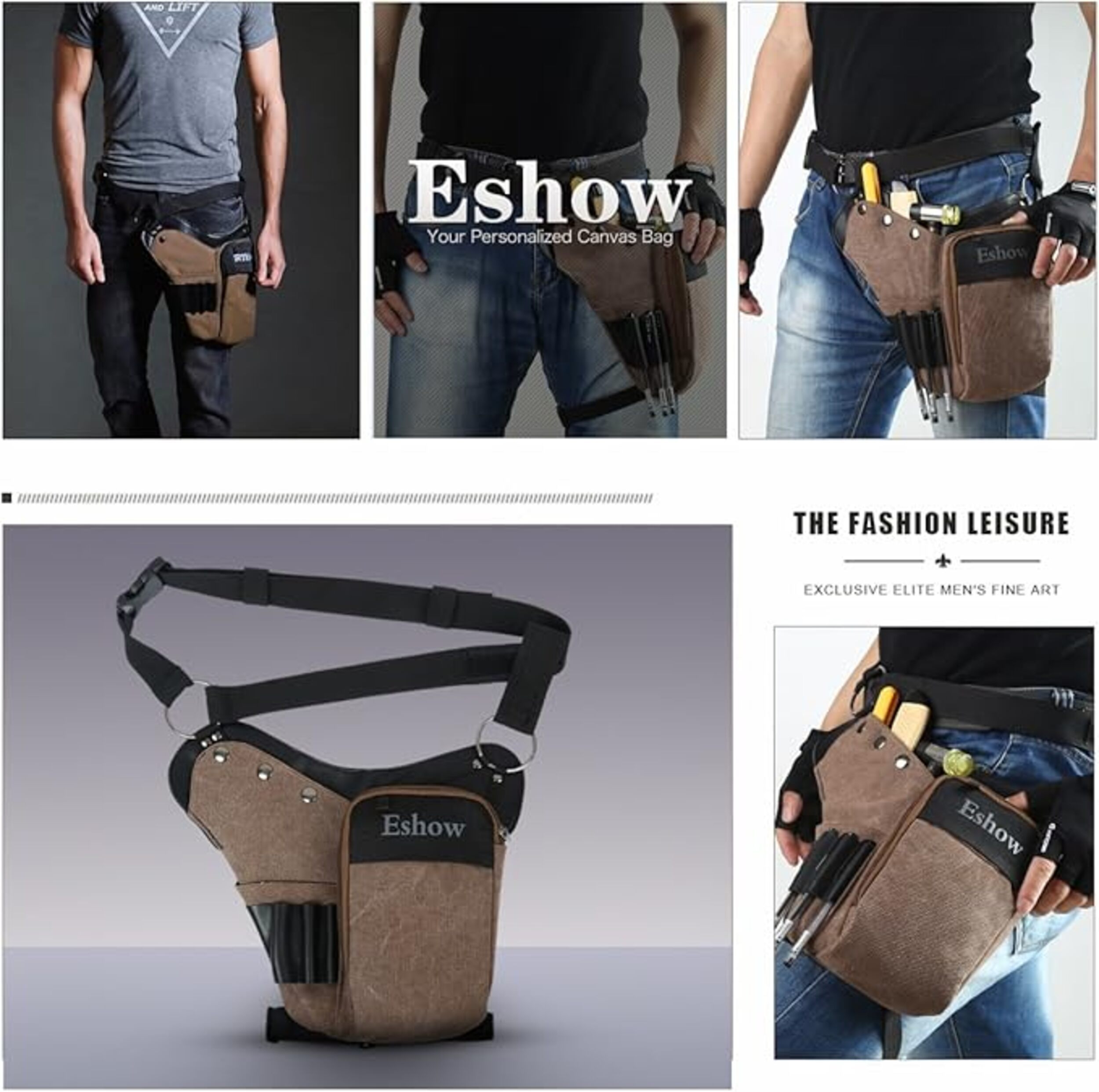 Beintasche für Herren – Hüfttasche, Werkzeugtasche für Motorrad, Reisen, Arbeit und Sport (Braun)