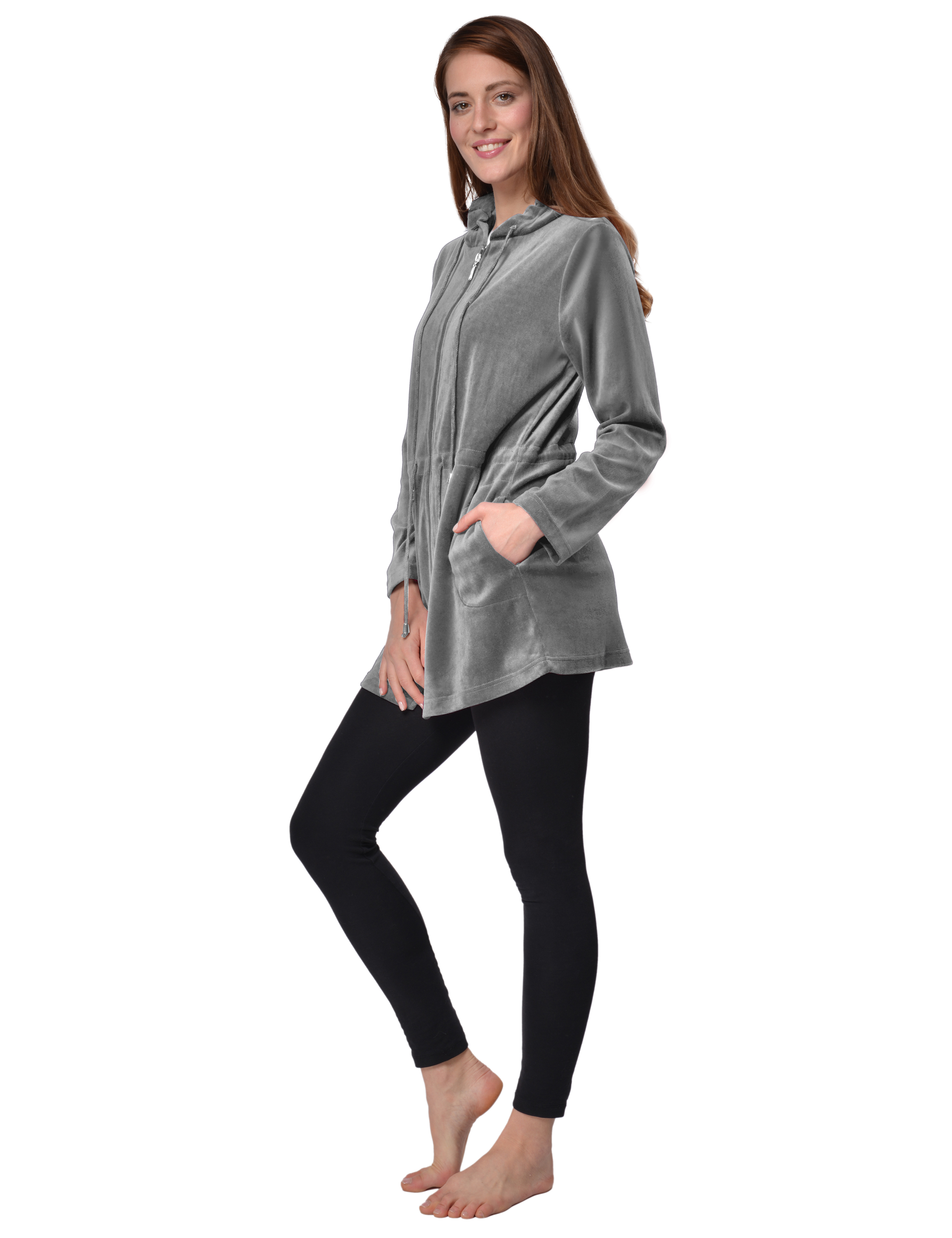 RAIKOU Damen Nicki Velour Kurzer Bademantel/Morgenmantel/Saunamantel mit Reißverschluss mit Hohem Baumwollanteil Kapuzenjacke Hoodie Zipper Jacket