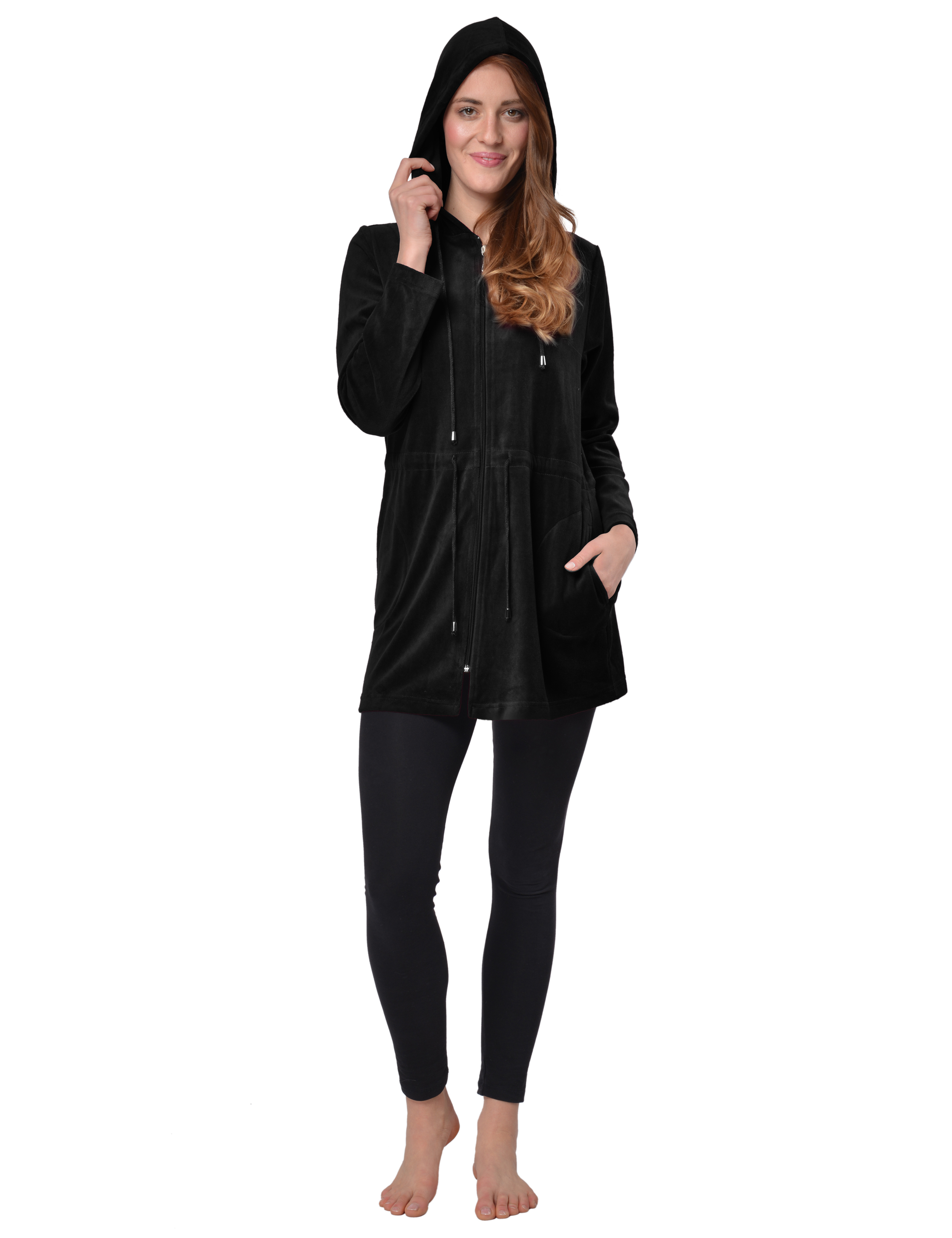 RAIKOU Damen Nicki Velour Kurzer Bademantel/Morgenmantel/Saunamantel mit Reißverschluss mit Hohem Baumwollanteil Kapuzenjacke Hoodie Zipper Jacket