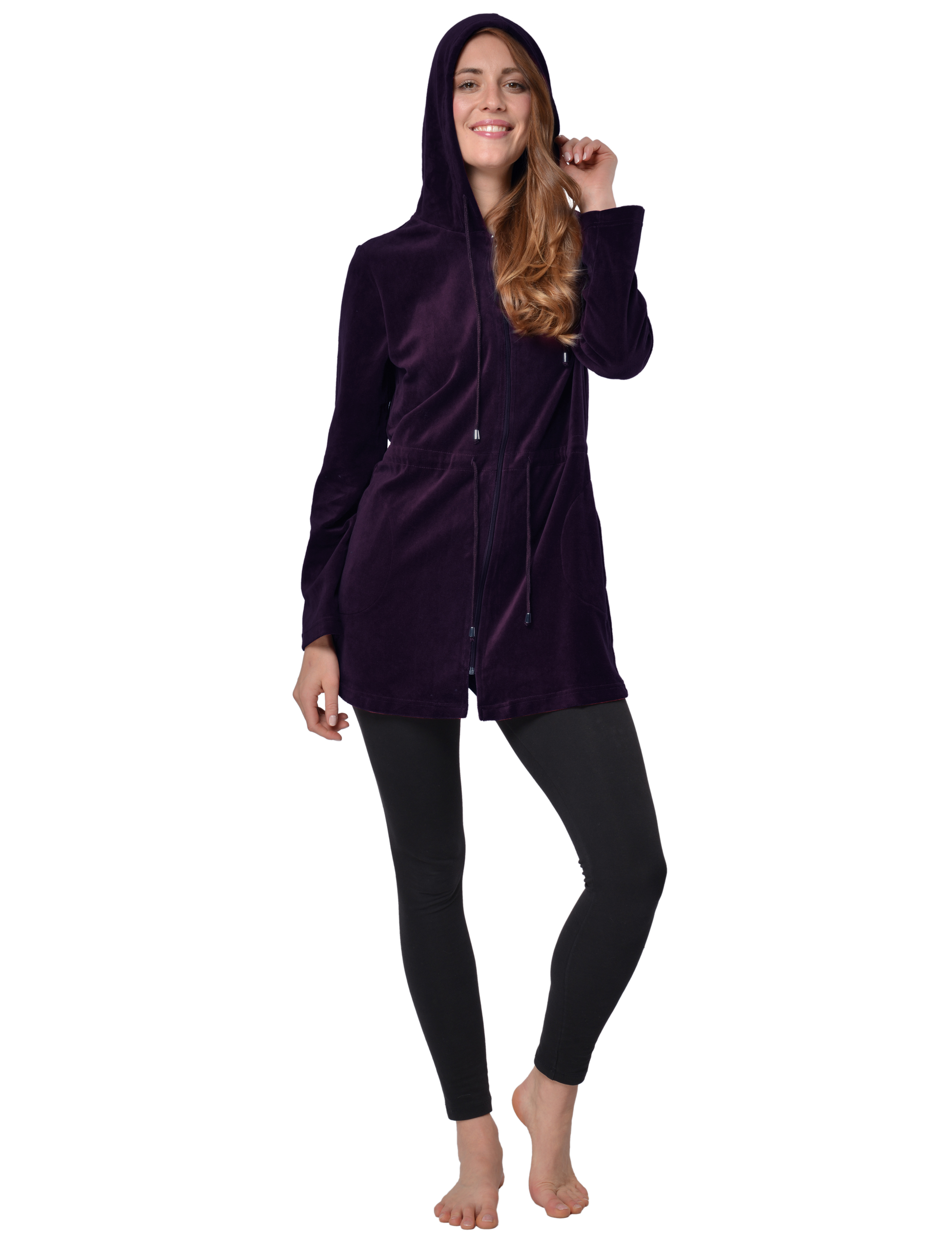 RAIKOU Damen Nicki Velour Kurzer Bademantel/Morgenmantel/Saunamantel mit Reißverschluss mit Hohem Baumwollanteil Kapuzenjacke Hoodie Zipper Jacket