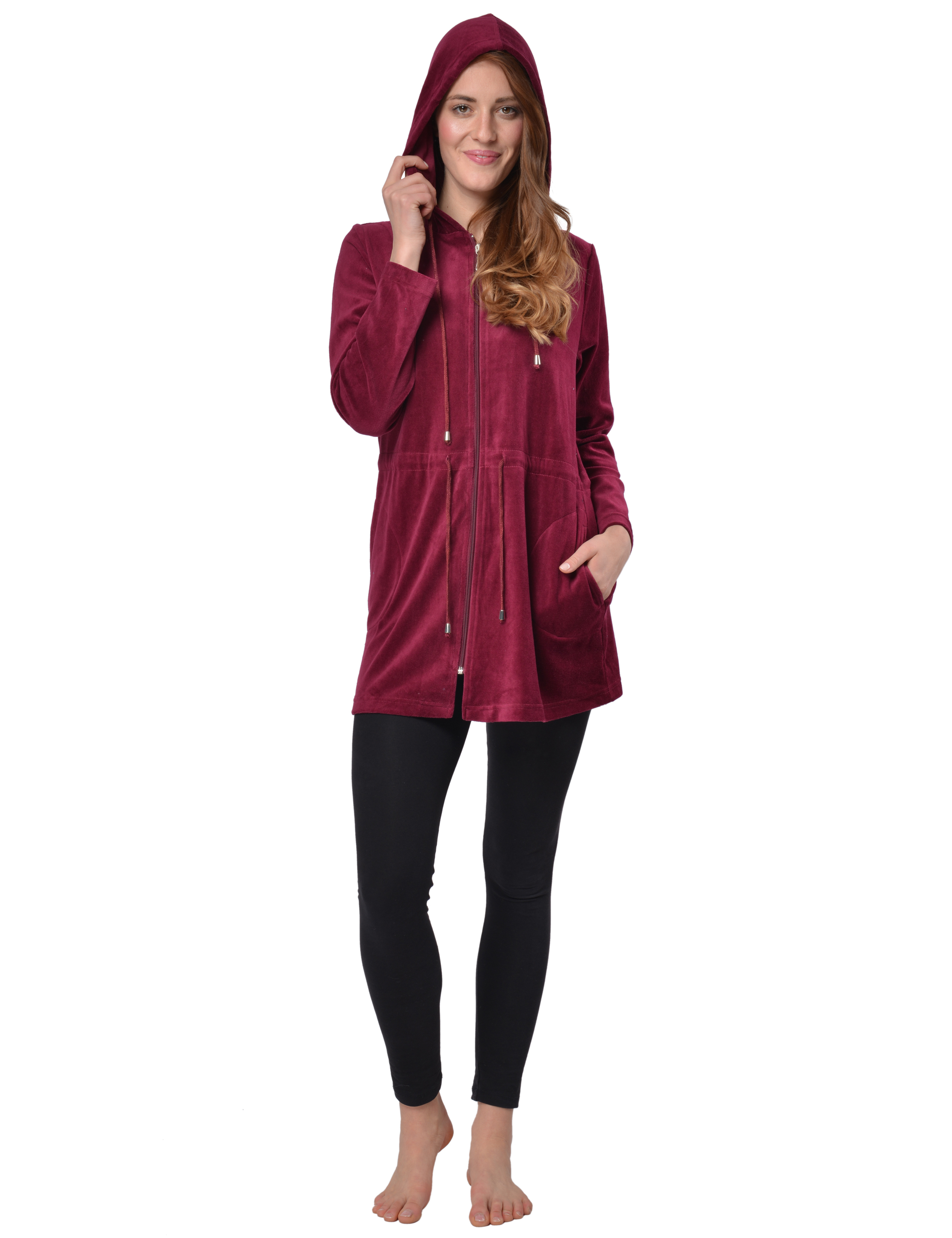 RAIKOU Damen Nicki Velour Kurzer Bademantel/Morgenmantel/Saunamantel mit Reißverschluss mit Hohem Baumwollanteil Kapuzenjacke Hoodie Zipper Jacket