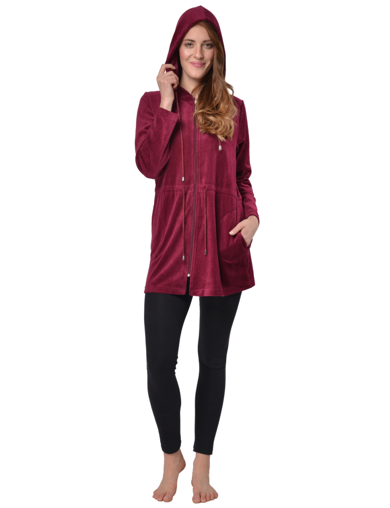 RAIKOU Damen Nicki Velour Kurzer Bademantel/Morgenmantel/Saunamantel mit Reißverschluss mit Hohem Baumwollanteil Kapuzenjacke Hoodie Zipper Jacket