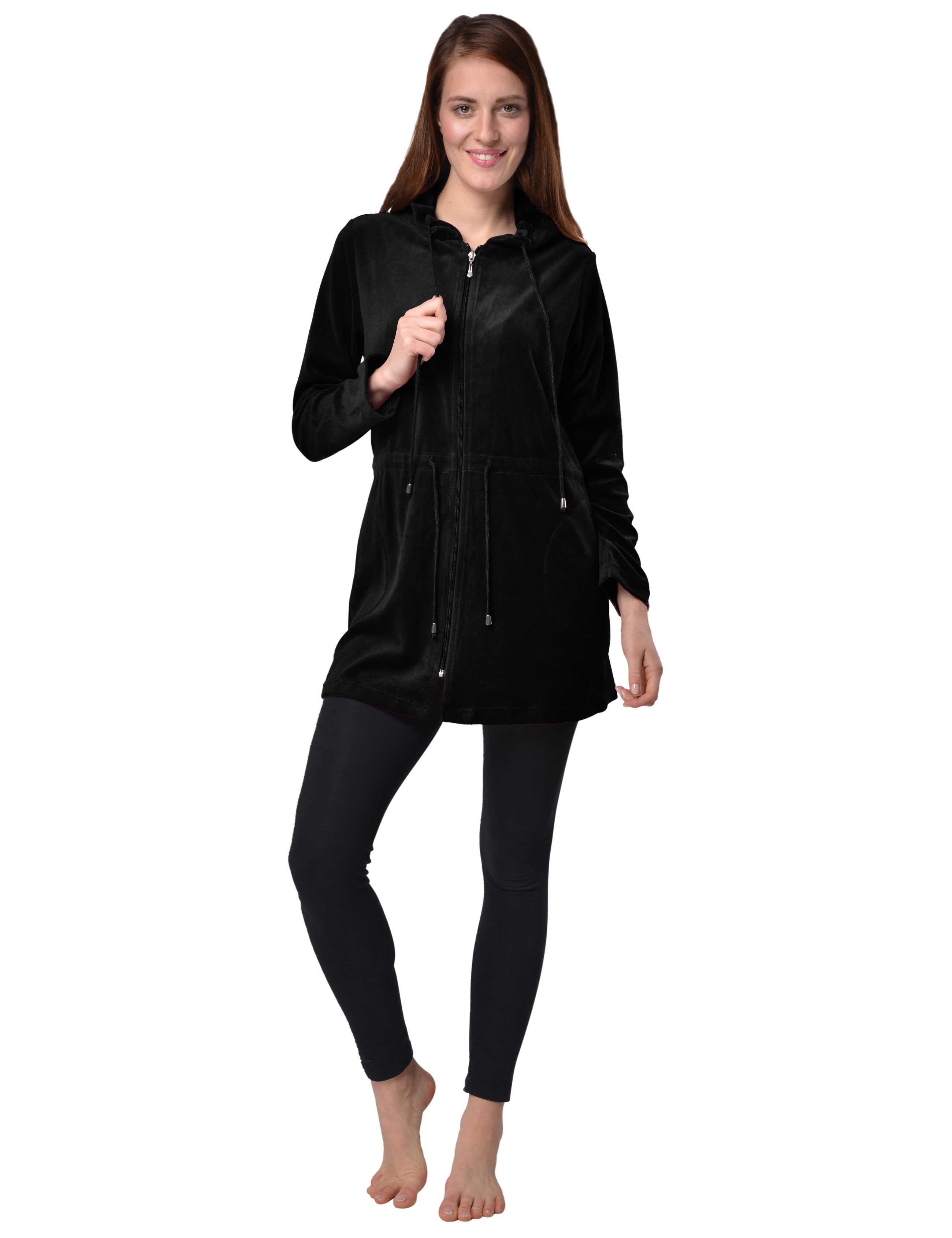 RAIKOU Damen Nicki Velour Kurzer Bademantel/Morgenmantel/Saunamantel mit Reißverschluss mit Hohem Baumwollanteil Kapuzenjacke Hoodie Zipper Jacket