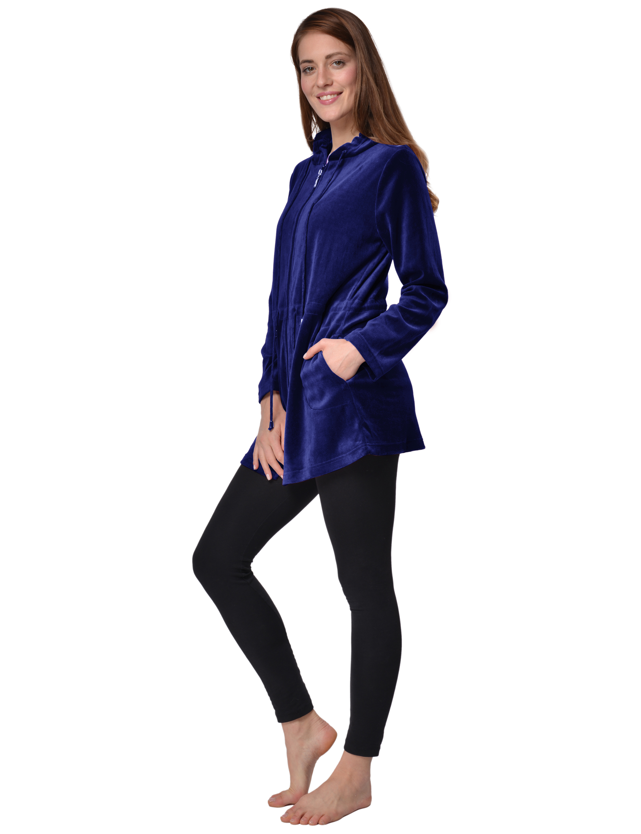 RAIKOU Damen Nicki Velour Kurzer Bademantel/Morgenmantel/Saunamantel mit Reißverschluss mit Hohem Baumwollanteil Kapuzenjacke Hoodie Zipper Jacket