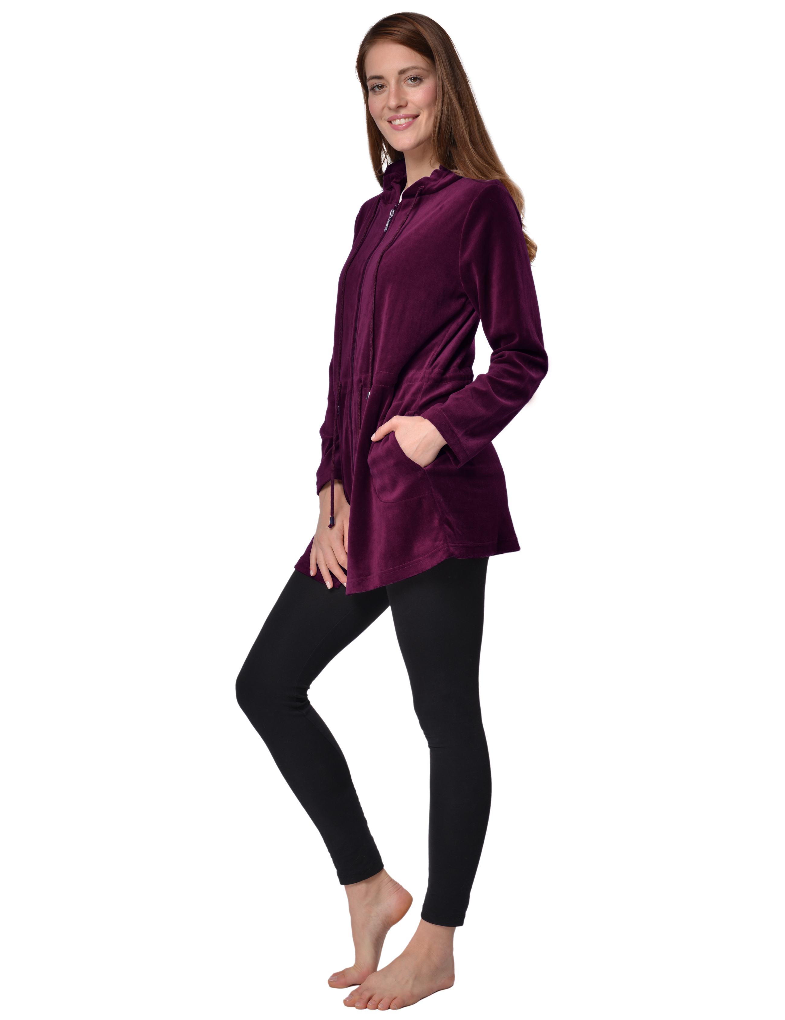 RAIKOU Damen Nicki Velour Kurzer Bademantel/Morgenmantel/Saunamantel mit Reißverschluss mit Hohem Baumwollanteil Kapuzenjacke Hoodie Zipper Jacket