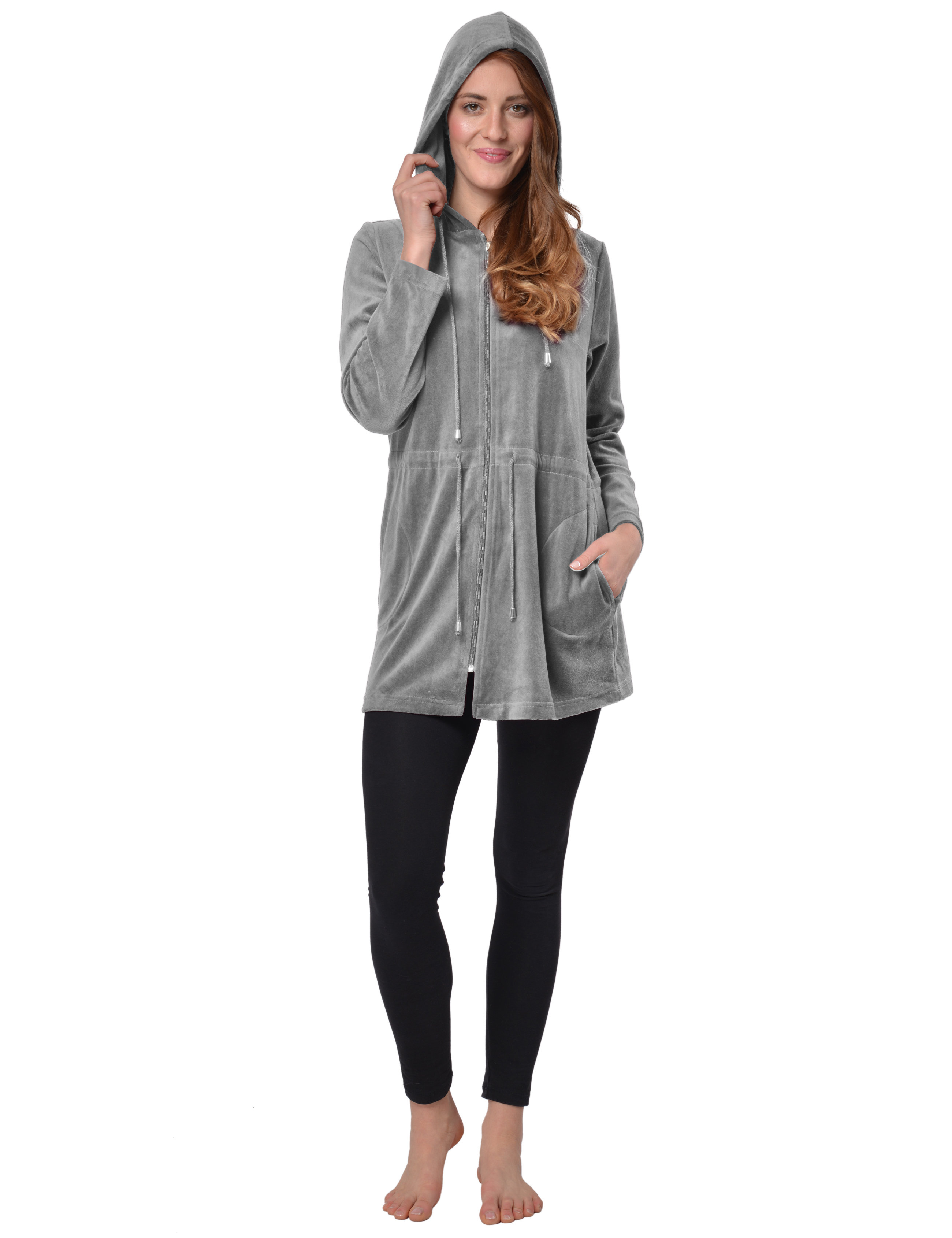 RAIKOU Damen Nicki Velour Kurzer Bademantel/Morgenmantel/Saunamantel mit Reißverschluss mit Hohem Baumwollanteil Kapuzenjacke Hoodie Zipper Jacket