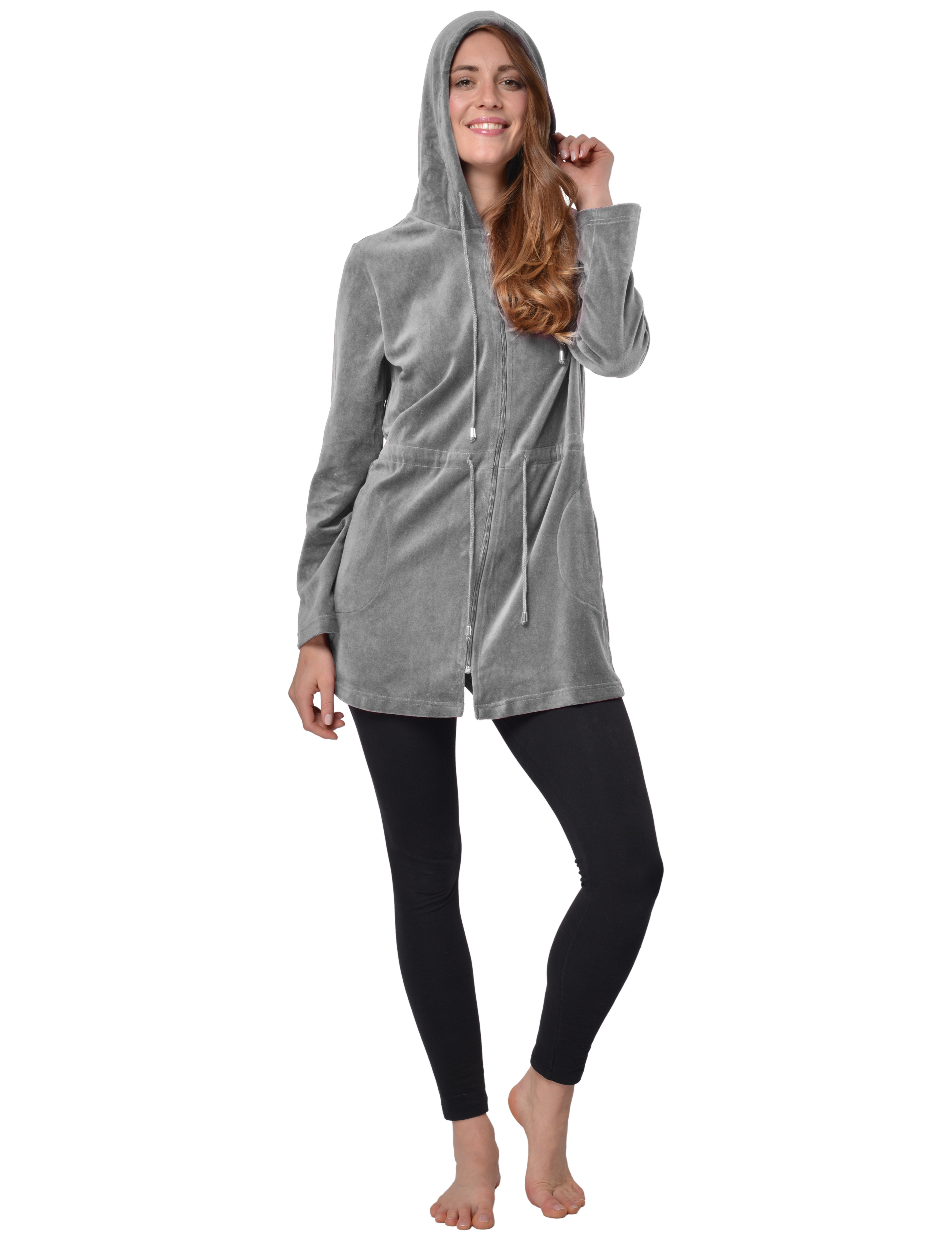 RAIKOU Damen Nicki Velour Kurzer Bademantel/Morgenmantel/Saunamantel mit Reißverschluss mit Hohem Baumwollanteil Kapuzenjacke Hoodie Zipper Jacket