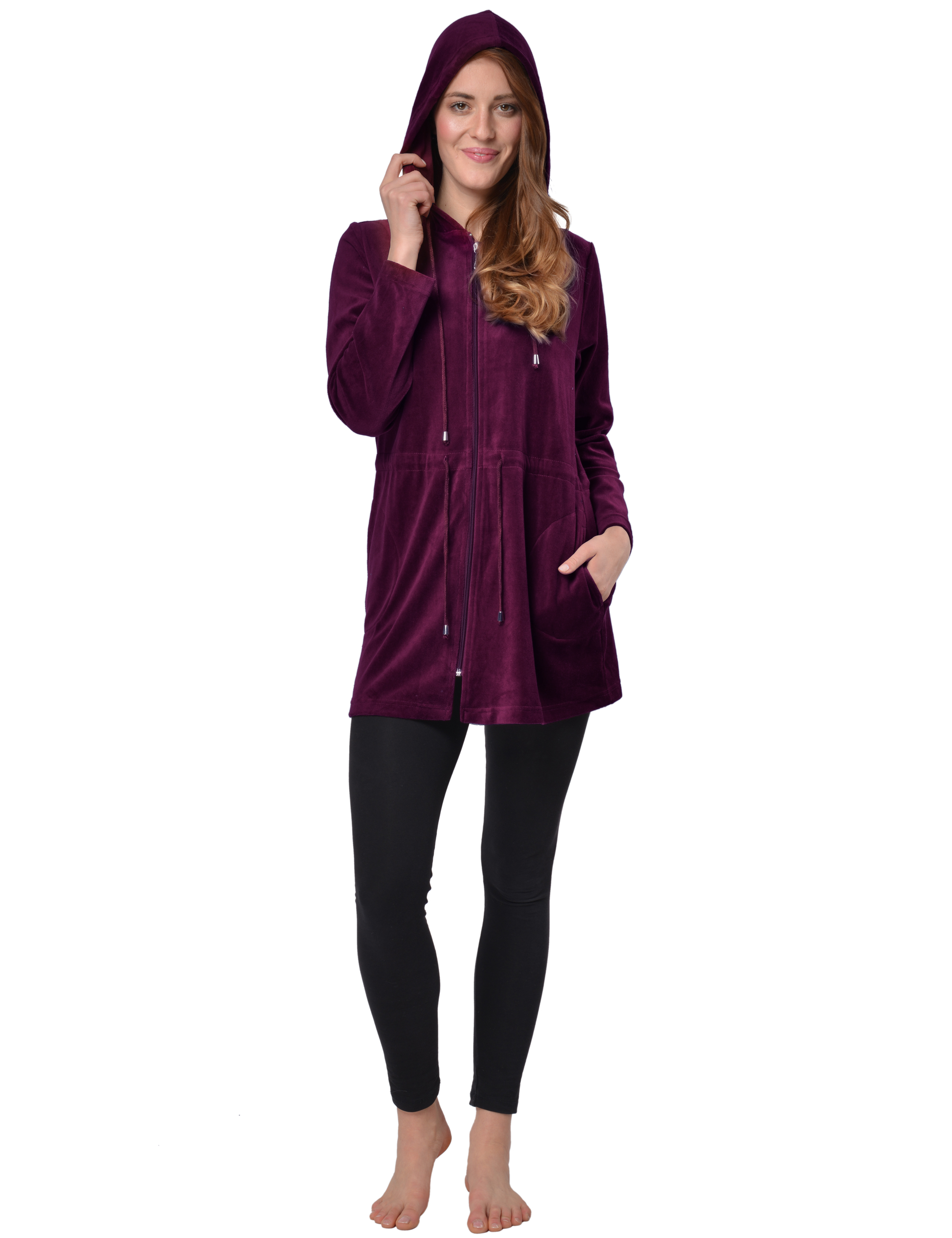 RAIKOU Damen Nicki Velour Kurzer Bademantel/Morgenmantel/Saunamantel mit Reißverschluss mit Hohem Baumwollanteil Kapuzenjacke Hoodie Zipper Jacket