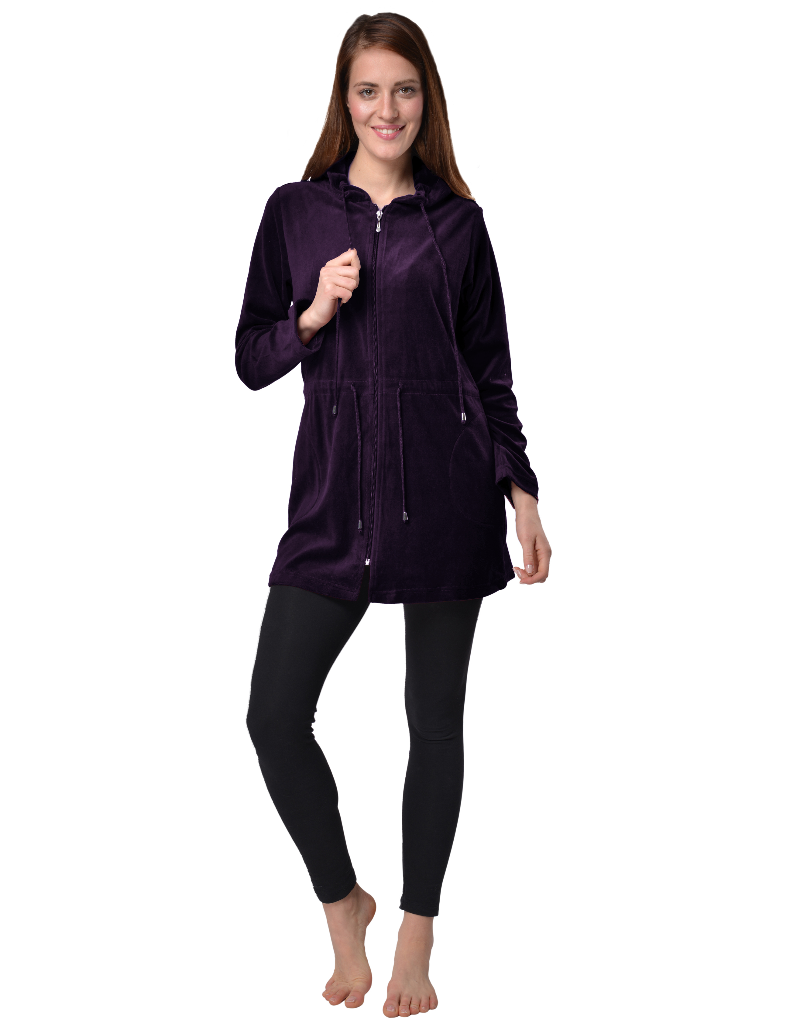 RAIKOU Damen Nicki Velour Kurzer Bademantel/Morgenmantel/Saunamantel mit Reißverschluss mit Hohem Baumwollanteil Kapuzenjacke Hoodie Zipper Jacket